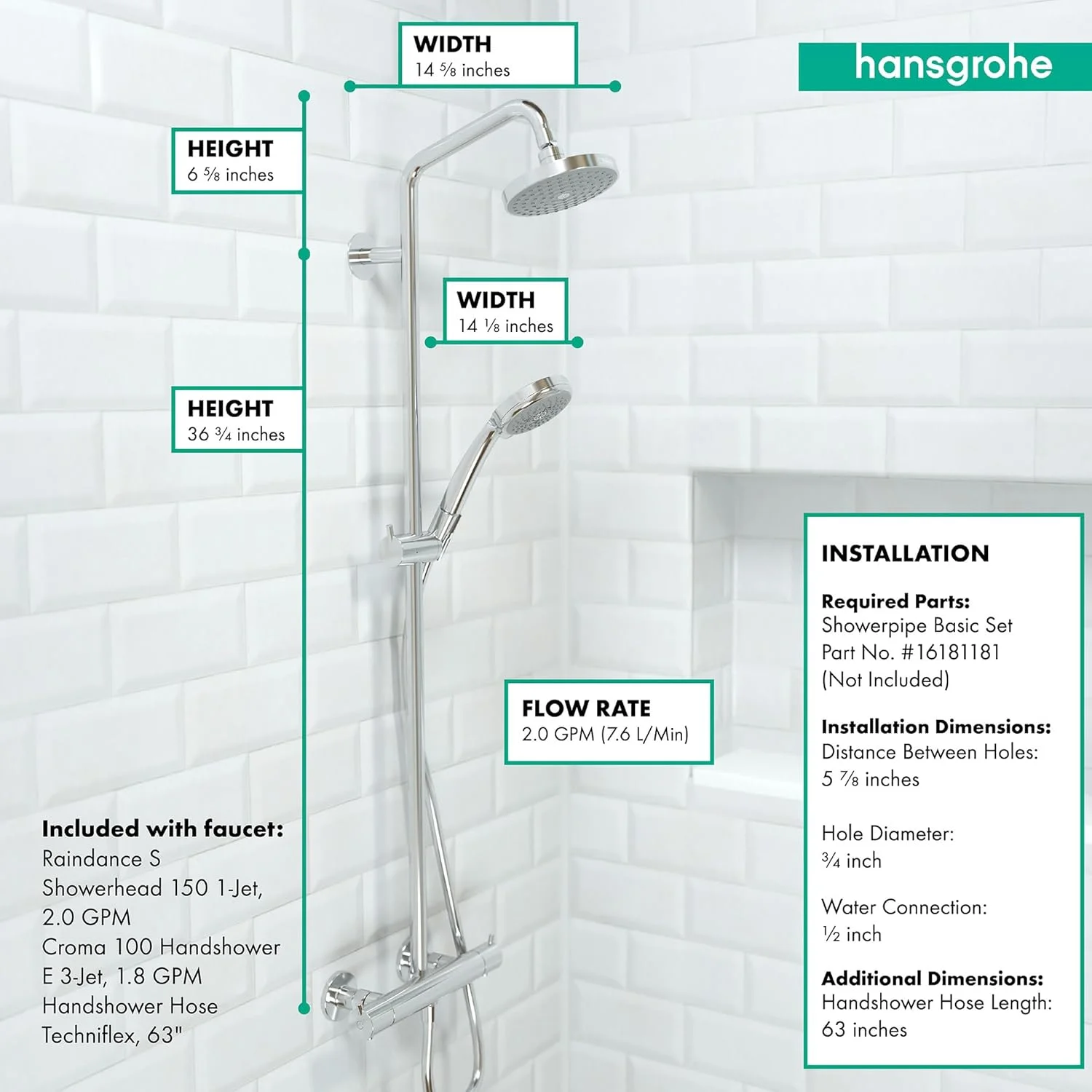 ست دوش کرومای هانسگروهه با قابلیت تنظیم ارتفاع لغزشی، تزریق هوا، اسپری Rain AirPower و سیستم QuickClean مدل 27169001، رنگ کروم