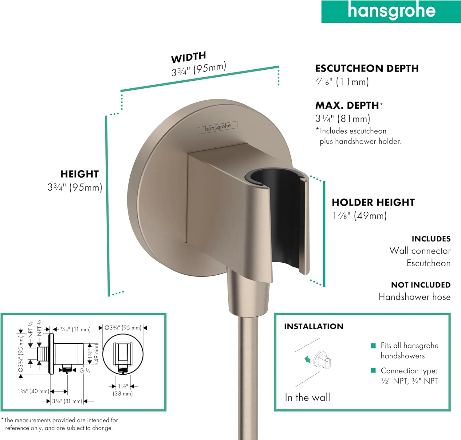 اتصال دیواری دوش دستی هانسگروهه FixFit S با رزوه ½ اینچی، نیکل برس خورده، 26888821