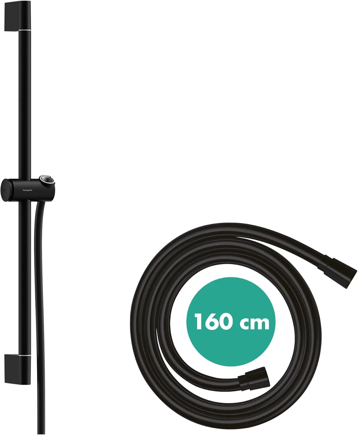 میله یونیورسال دوش هانسگروهه مدل Pulsify S 65 cm به همراه اسلایدر فشاری و شلنگ Isiflex به طول 160 cm، مشکی مات، میله دوش 65cm