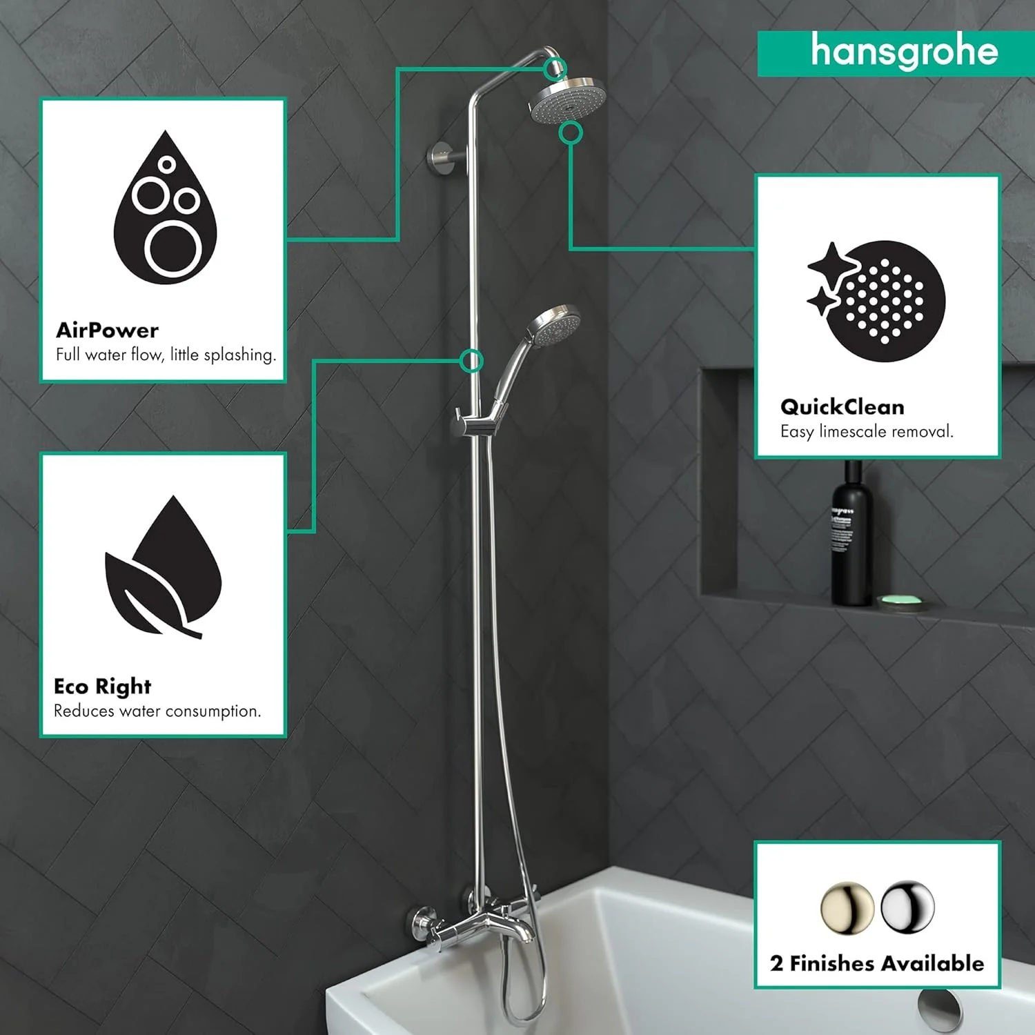 سیستم دوش لوله ای روکار هانسگروهه کروما با قابلیت تنظیم ارتفاع لغزشی، مدل مدرن RainAir Air Infusion با Airpower و QuickClean، رنگ کروم، 27143001، بزرگ