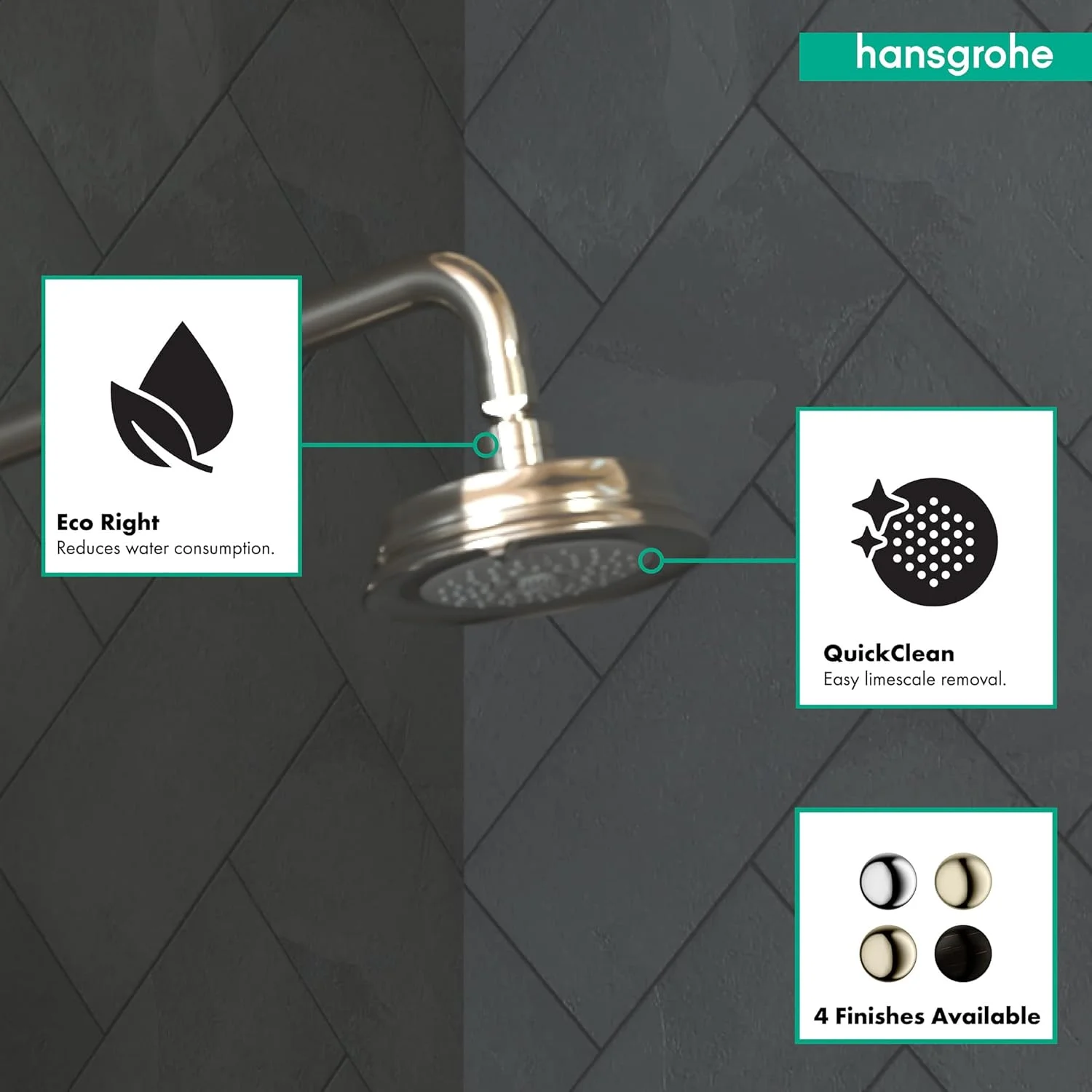 سردوش حمام هانسگروهه کروما 100 کلاسیک 5 اینچی نصب آسان، کلاسیک 3 حالته، ماساژ نبضی کامل، توربو شدید، تمیز کردن آسان با QuickClean، نیکل پولیش شده، 04070830