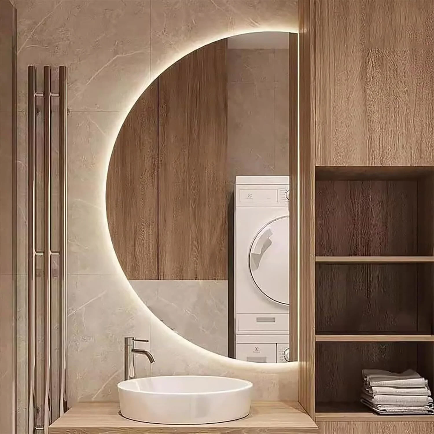 آینه دیواری نیمه ماه 40x80 سانتی متر، آینه حمام ضد بخار LED با نور قابل تنظیم 3 رنگ، آینه تزئینی با کلید لمسی (برش چپ، 40x80CM) (برش راست 80x40 سانتی متر)