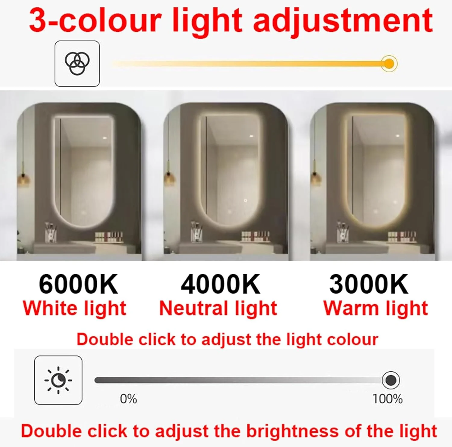 آینه قوسی ال ای دی دار مناسب حمام، آینه آرایشی دیواری با نور پس زمینه، کلید لمسی، نور ال ای دی سه رنگ قابل تنظیم، IP44 (سایز: 40x80 سانتی متر)