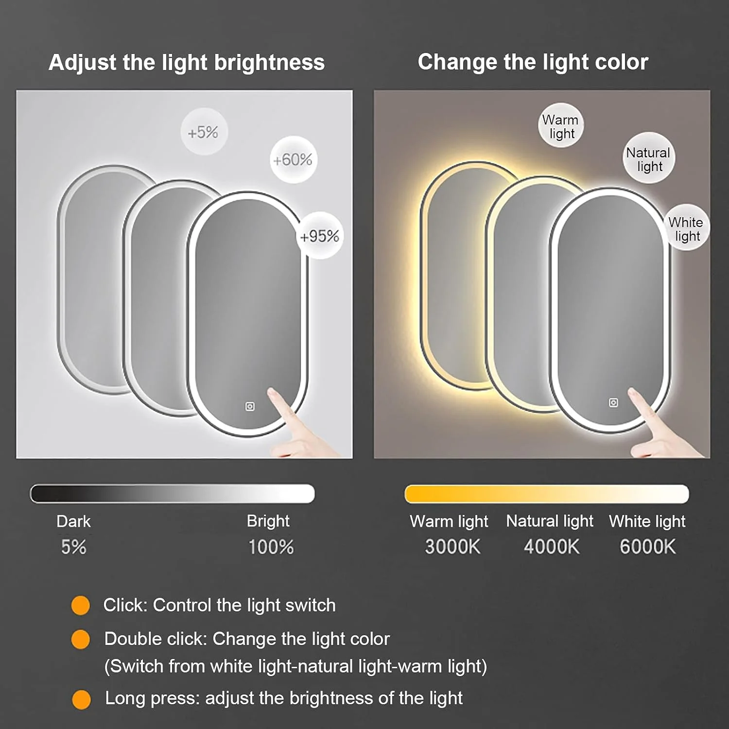 آینه بیضی ال ای دی 900x500 میلی‌متری مناسب حمام، با قابلیت تنظیم نور در 3 رنگ و ضد بخار، مناسب آرایش