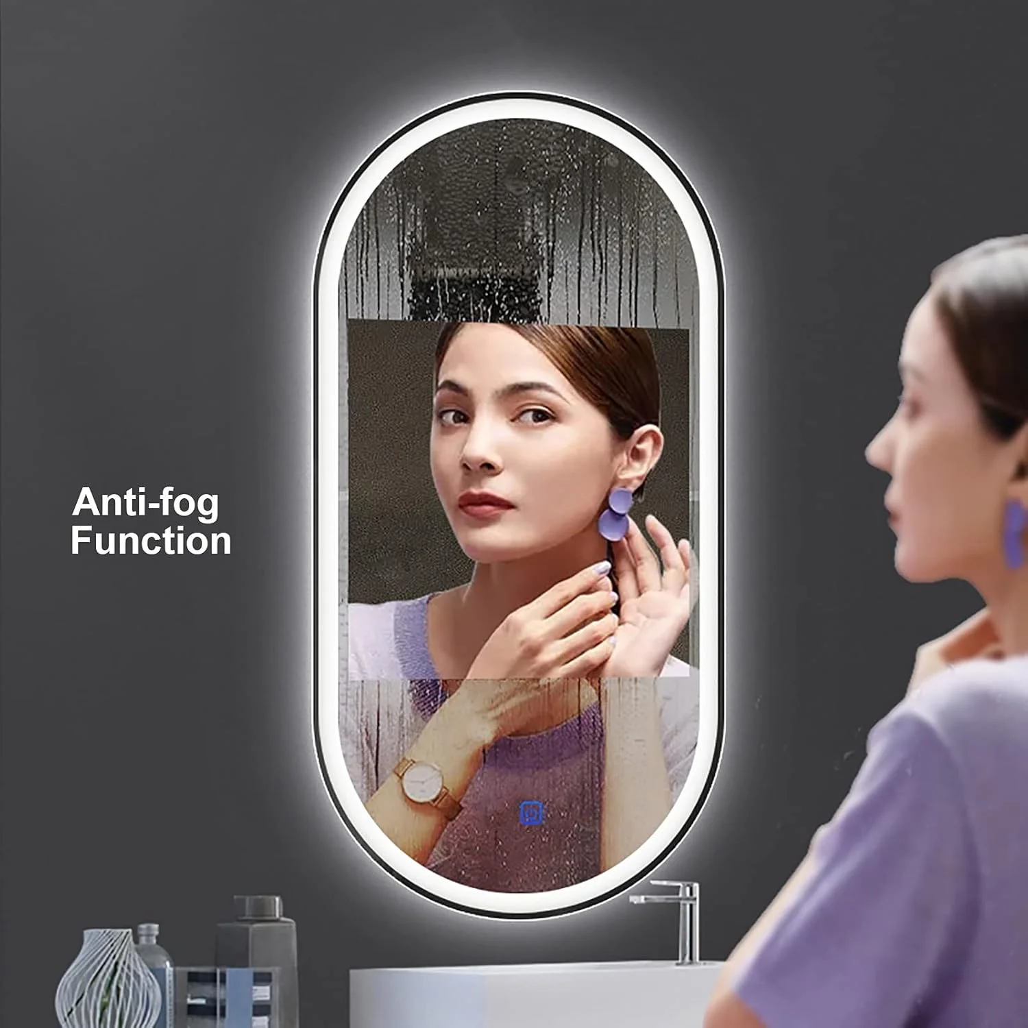 آینه بیضی ال ای دی 900x500 میلی‌متری مناسب حمام، با قابلیت تنظیم نور در 3 رنگ و ضد بخار، مناسب آرایش