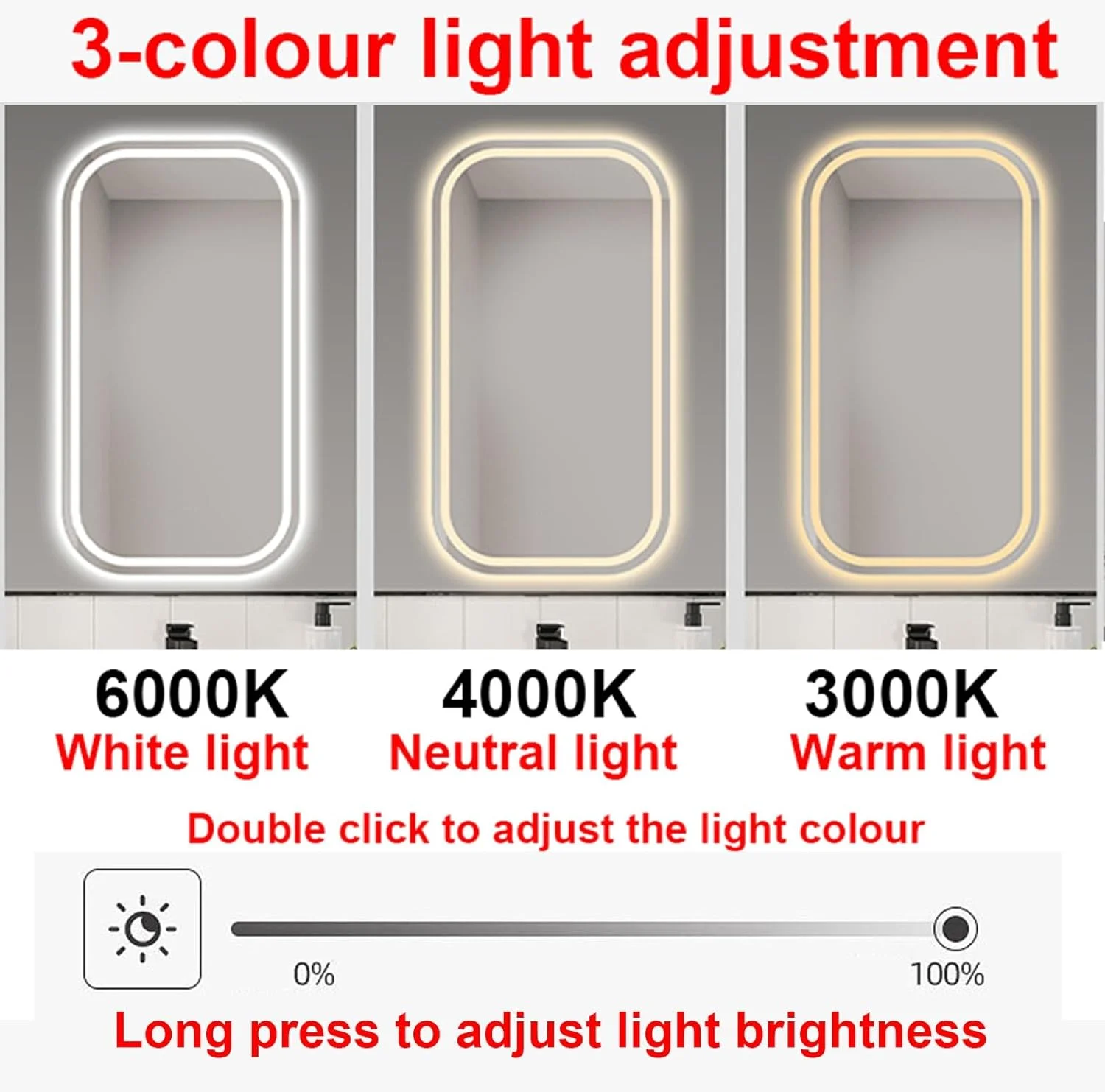 آینه حمام ال ای دی 500x900 میلی‌متری با نور، آینه دیواری مستطیلی بدون قاب، نور 3 رنگ دیمر شونده، آینه ضد بخار با حسگر لمسی، آینه ال ای دی آرایشی با حافظه (رنگ: سه رنگ)