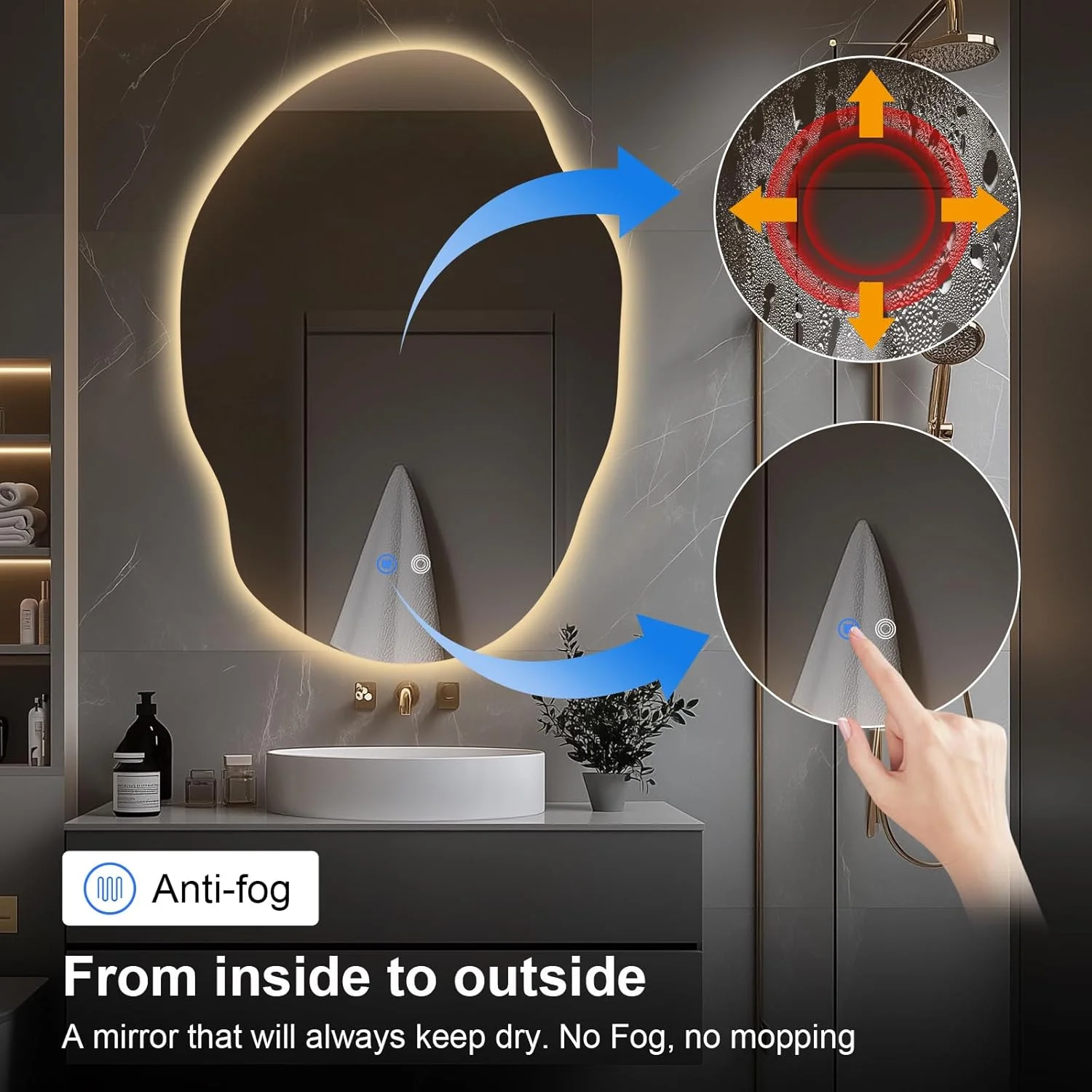 آینه حمام ال ای دی با چراغ، آینه روشویی نامتقارن ال ای دی برای دیوار با نور پس زمینه و جلو، ضد بخار، 3 رنگ و نور قابل تنظیم، [افقی/عمودی] 35 اینچ ارتفاع x 25 اینچ عرض