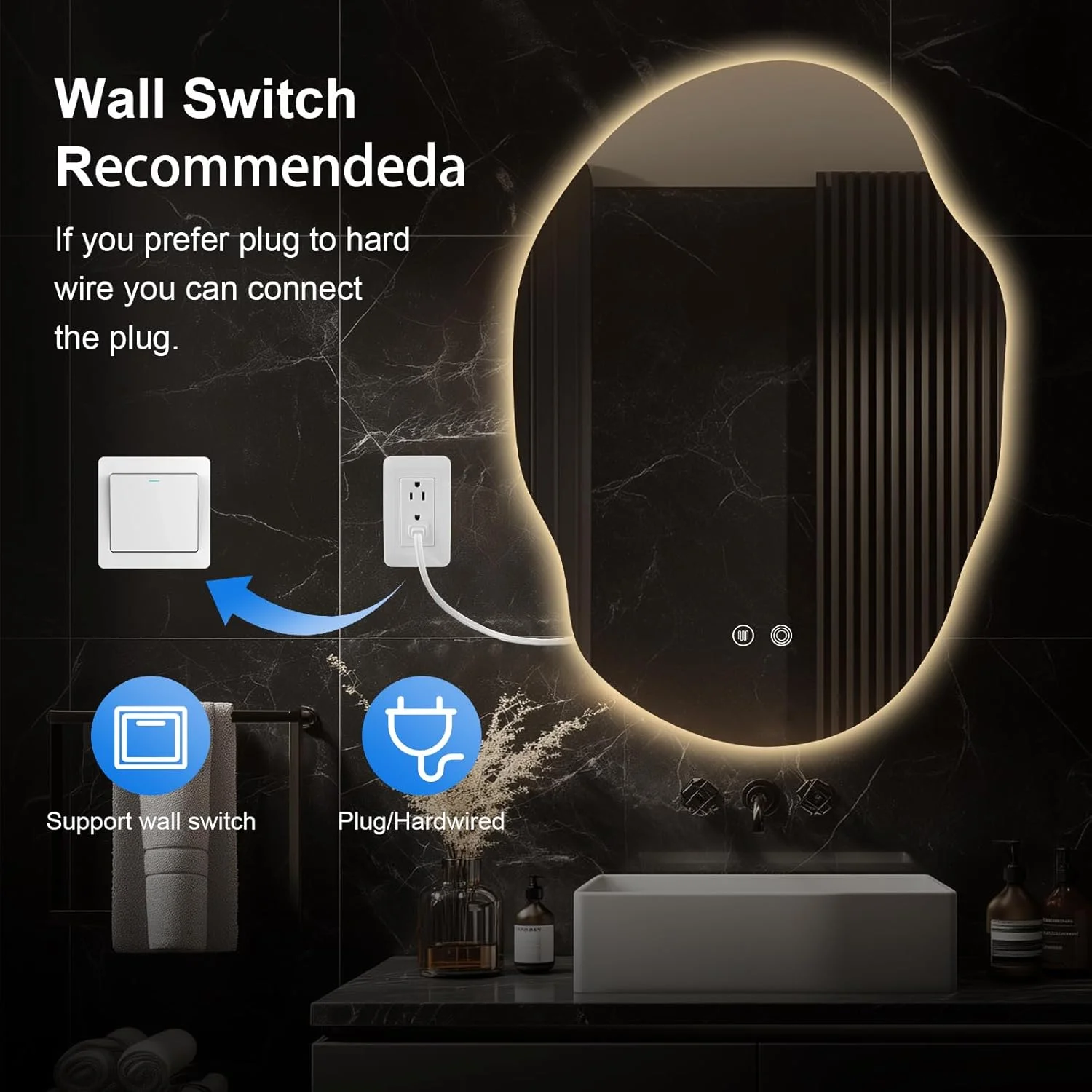 آینه حمام ال ای دی با چراغ، آینه روشویی نامتقارن ال ای دی برای دیوار با نور پس زمینه و جلو، ضد بخار، 3 رنگ و نور قابل تنظیم، [افقی/عمودی] 35 اینچ ارتفاع x 25 اینچ عرض