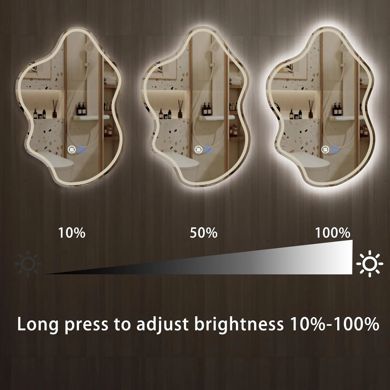 آینه حمام ال ای دی نامنظم با چراغ، آینه ال ای دی هوشمند ابری برای حمام، آینه روشنایی حمام با قابلیت تنظیم نور، ضد بخار، نور پس زمینه و نور جلو، آینه روشویی نامتقارن