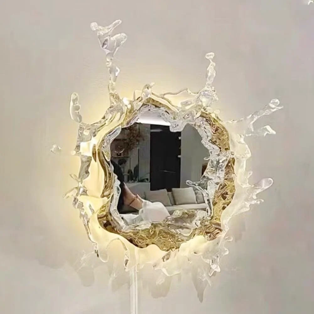 آینه حمام با طراحی پاشش آب آکریلیک با نور LED، آینه روشویی آرایشی دیواری، چراغ دکوری هنری برای اتاق نشیمن، اتاق خواب، راهرو (طلایی، 45 سانتی متر) آینه حمام با طراحی پاشش آب آکریلیک با نور LED، آینه روشویی آرایشی دیواری، چراغ دکوری هنری برای اتاق نشیمن، اتاق خواب، راهرو (طلایی، 45 سانتی متر)