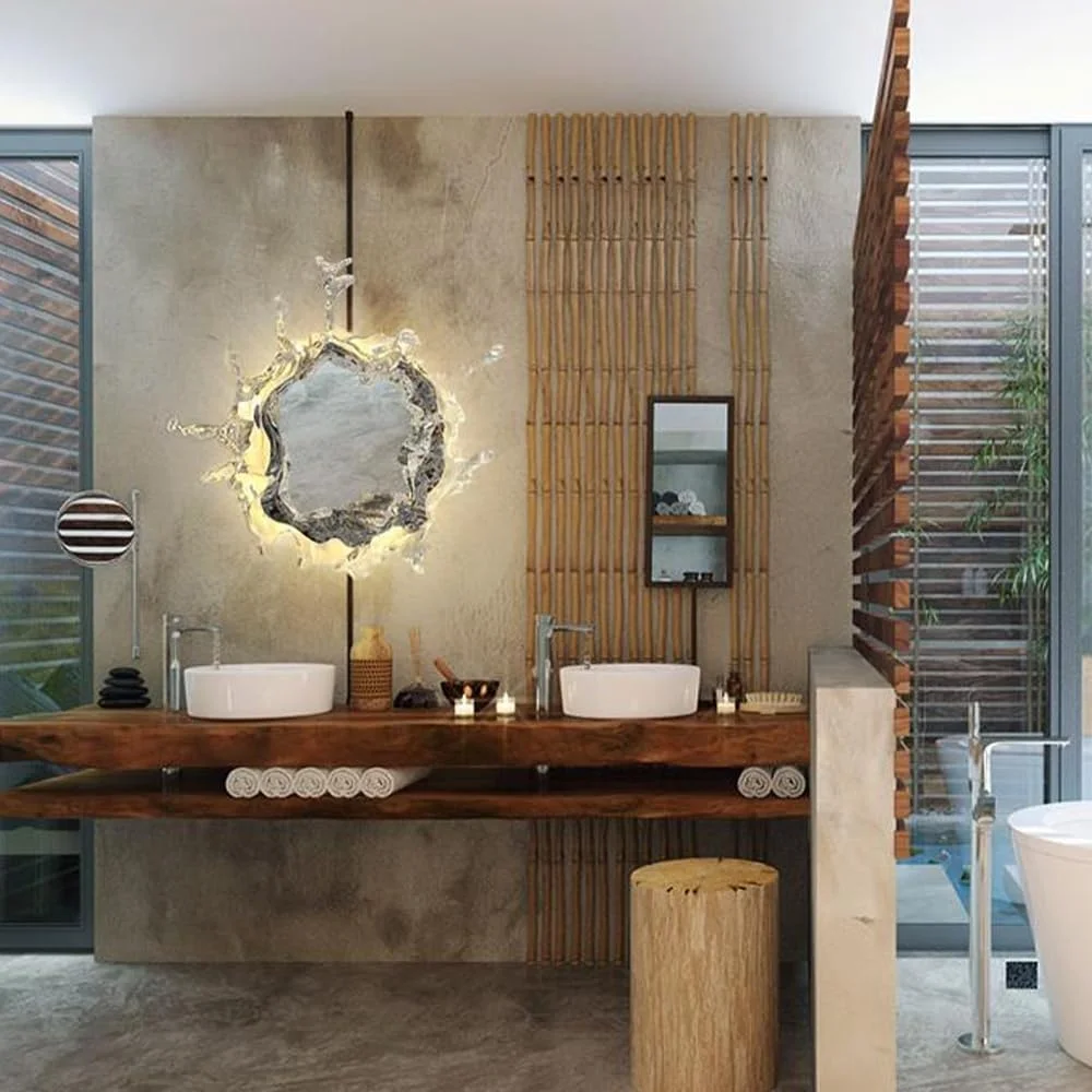 آینه حمام با طراحی پاشش آب آکریلیک با نور LED، آینه روشویی آرایشی دیواری، چراغ دکوری هنری برای اتاق نشیمن، اتاق خواب، راهرو (طلایی، 45 سانتی متر) آینه حمام با طراحی پاشش آب آکریلیک با نور LED، آینه روشویی آرایشی دیواری، چراغ دکوری هنری برای اتاق نشیمن، اتاق خواب، راهرو (طلایی، 45 سانتی متر)