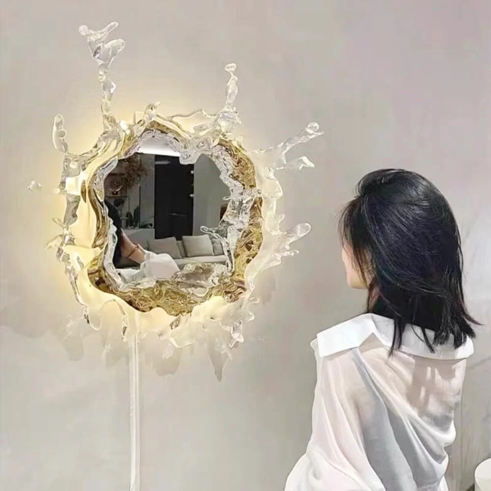 آینه حمام با طراحی پاشش آب آکریلیک با نور LED، آینه روشویی آرایشی دیواری، چراغ دکوری هنری برای اتاق نشیمن، اتاق خواب، راهرو (طلایی، 45 سانتی متر) آینه حمام با طراحی پاشش آب آکریلیک با نور LED، آینه روشویی آرایشی دیواری، چراغ دکوری هنری برای اتاق نشیمن، اتاق خواب، راهرو (طلایی، 45 سانتی متر)