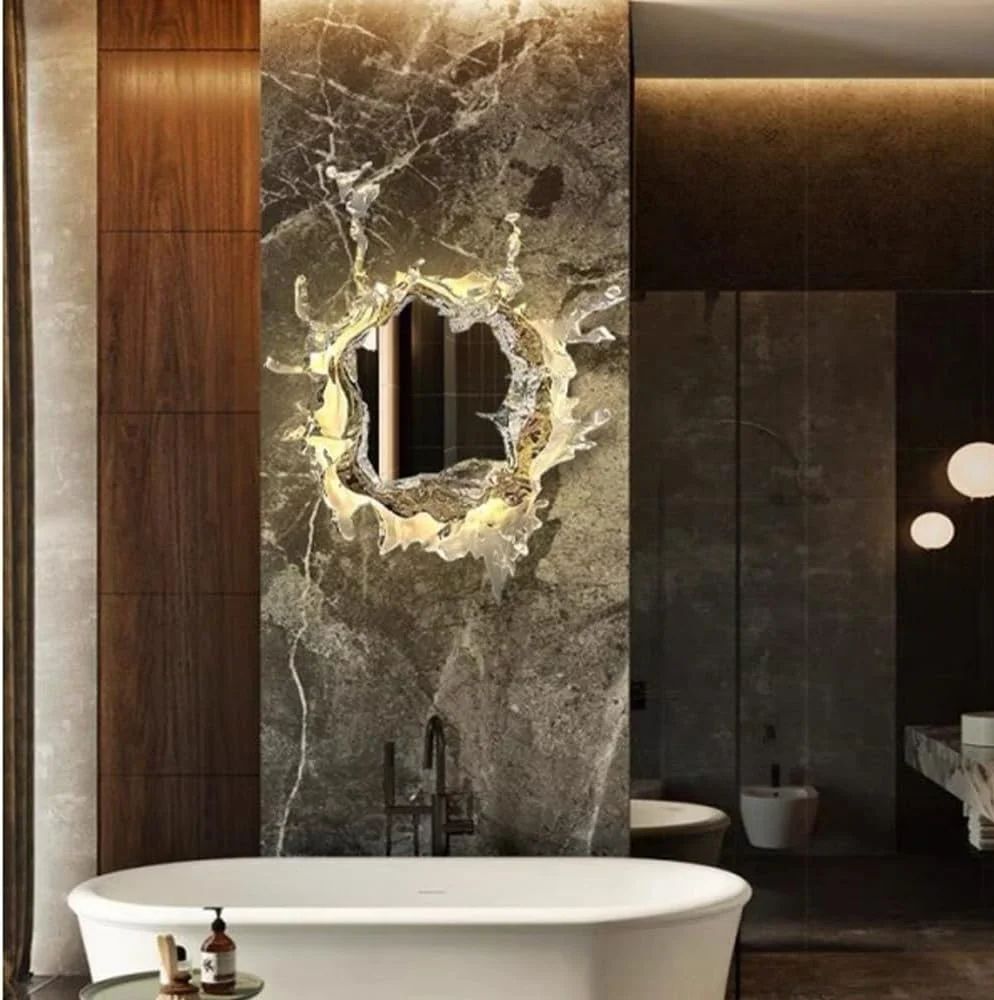 آینه حمام با طراحی پاشش آب آکریلیک با نور LED، آینه روشویی آرایشی دیواری، چراغ دکوری هنری برای اتاق نشیمن، اتاق خواب، راهرو (طلایی، 45 سانتی متر) آینه حمام با طراحی پاشش آب آکریلیک با نور LED، آینه روشویی آرایشی دیواری، چراغ دکوری هنری برای اتاق نشیمن، اتاق خواب، راهرو (طلایی، 45 سانتی متر)