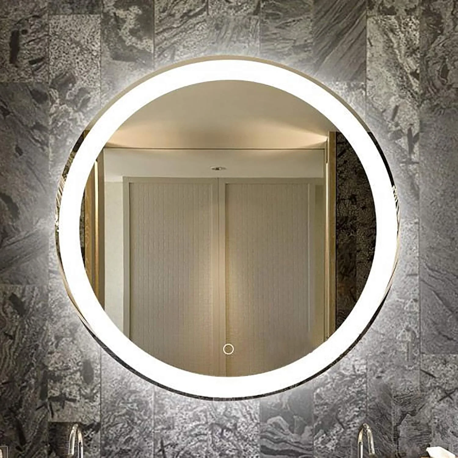 آینه حمام مدرن گرد ضد انفجار LED با نور پس زمینه برای آرایش، نصب دیواری، دارای کلید حسگر و تنظیم رنگ نور برای راحتی بیشتر