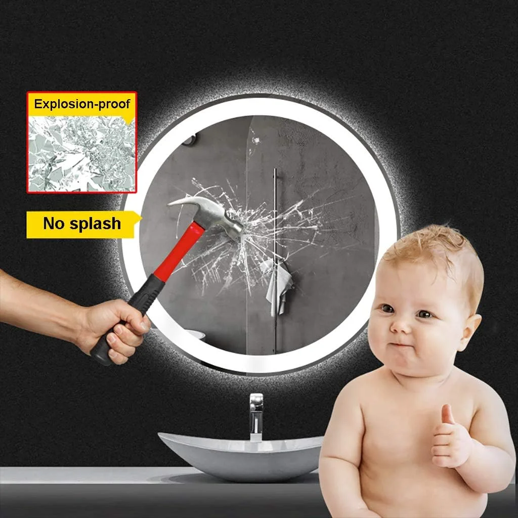 آینه حمام مدرن گرد ضد انفجار LED با نور پس زمینه برای آرایش، نصب دیواری، دارای کلید حسگر و تنظیم رنگ نور برای راحتی بیشتر