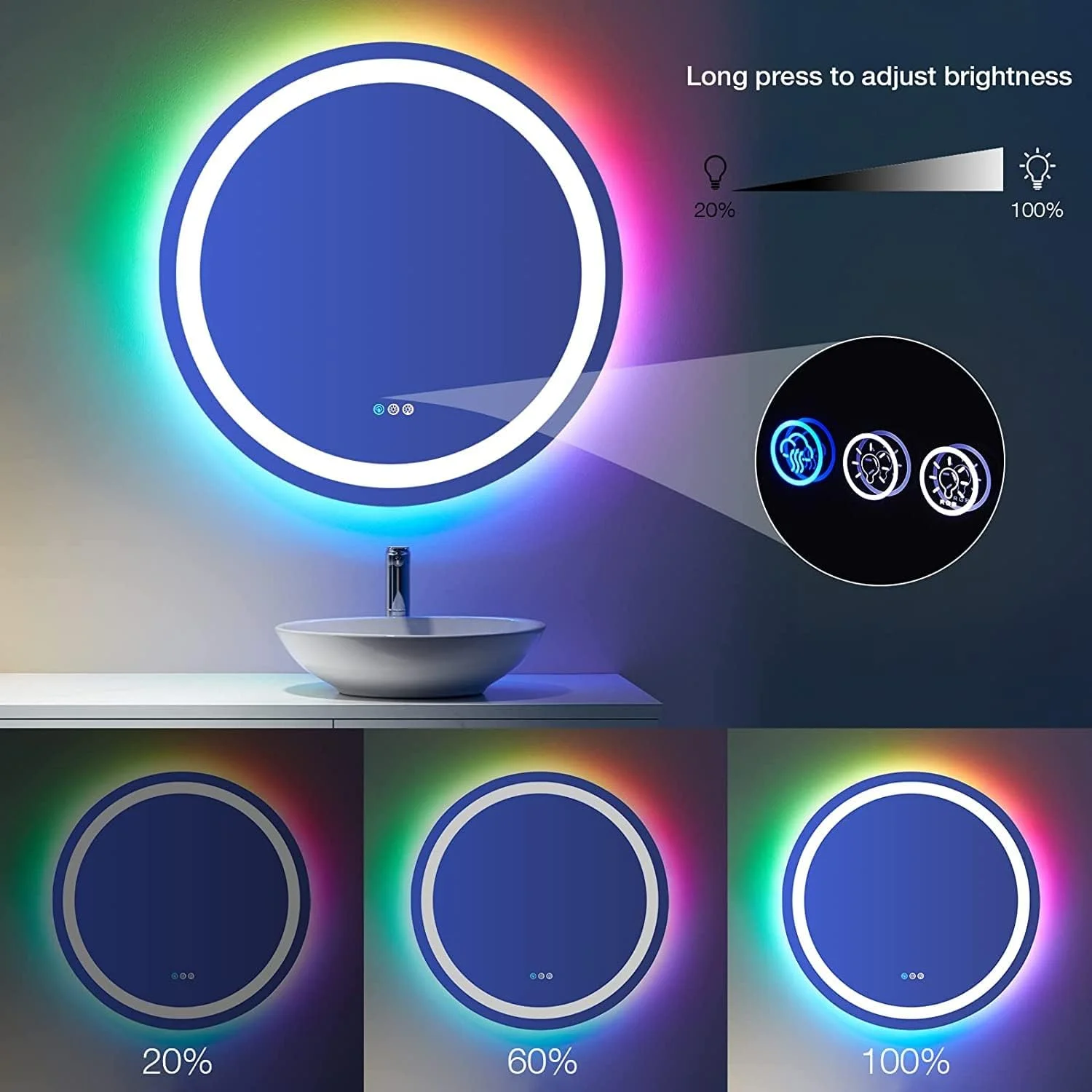 آینه حمام LED با نور پس زمینه RGB، آینه آرایشی گرد دیواری با کنترل لمسی، ضد بخار، ضد خرد شدن، کم نور شونده، عملکرد حافظه، شیشه سکوریت (اندازه: 24 اینچ)