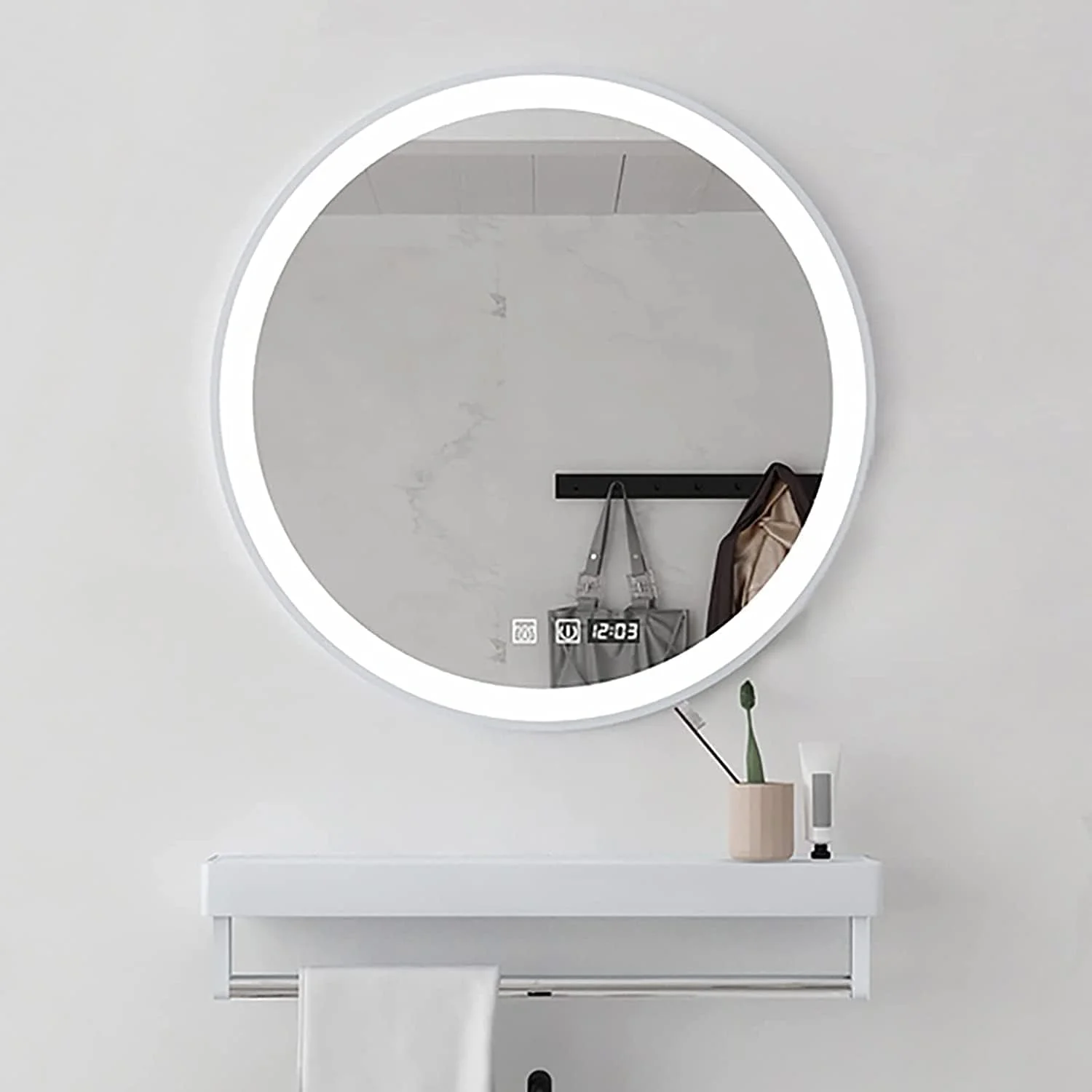 آینه گرد حمام با چراغ، حسگر لمسی، نور ال ای دی سفید سرد، آینه دیواری روشن ال ای دی با قاب آلیاژ آلومینیوم و قفسه، ضد گرد و غبار و ضد آب IP44 (قاب سفید + ضد مه + زمان) دوتایی آینه گرد حمام با چراغ، حسگر لمسی، نور ال ای دی سفید سرد، آینه دیواری روشن ال ای دی با قاب آلیاژ آلومینیوم و قفسه، ضد گرد و غبار و ضد آب IP44 (قاب سفید + ضد مه + زمان) دوتایی