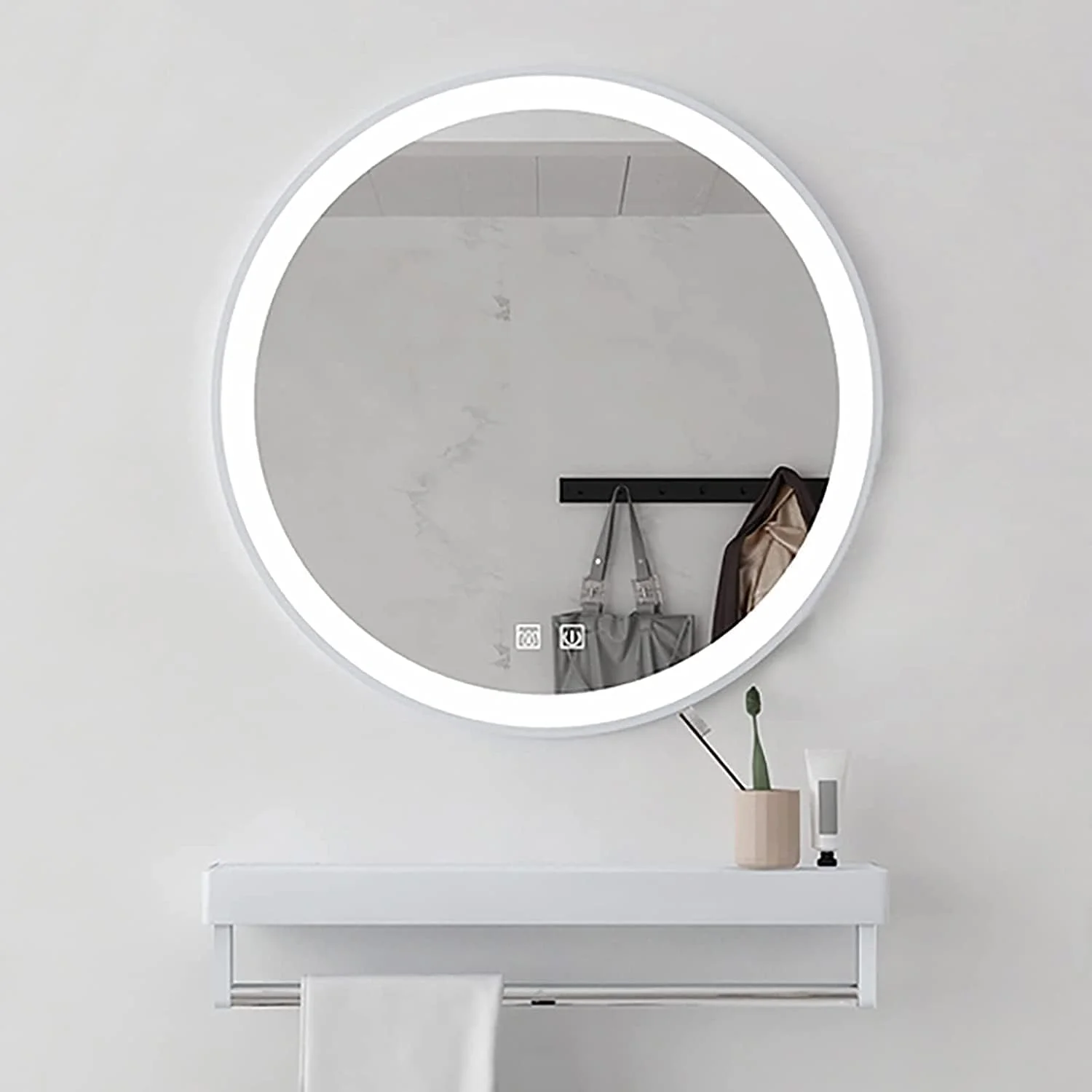 آینه گرد حمام با چراغ، حسگر لمسی، نور ال ای دی سفید سرد، آینه دیواری روشن با قاب آلیاژ آلومینیوم و قفسه، ضد گرد و غبار و ضد آب IP44 (قاب سفید + ضد بخار) دو برابر آینه گرد حمام با چراغ، حسگر لمسی، نور ال ای دی سفید سرد، آینه دیواری روشن با قاب آلیاژ آلومینیوم و قفسه، ضد گرد و غبار و ضد آب IP44 (قاب سفید + ضد بخار) دو برابر