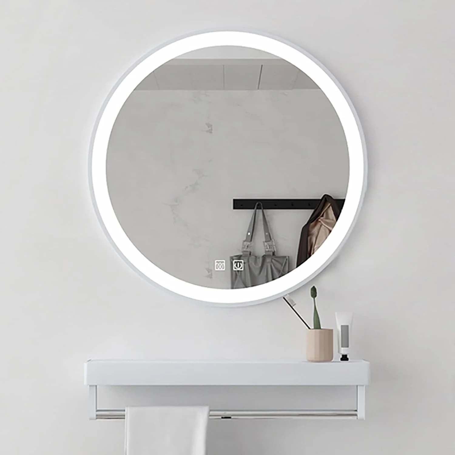 آینه گرد حمام با چراغ، حسگر لمسی، نور ال ای دی سفید سرد، آینه دیواری روشن با قاب آلیاژ آلومینیوم و قفسه، ضد گرد و غبار و ضد آب IP44 (قاب سفید + ضد بخار) دو برابر آینه گرد حمام با چراغ، حسگر لمسی، نور ال ای دی سفید سرد، آینه دیواری روشن با قاب آلیاژ آلومینیوم و قفسه، ضد گرد و غبار و ضد آب IP44 (قاب سفید + ضد بخار) دو برابر