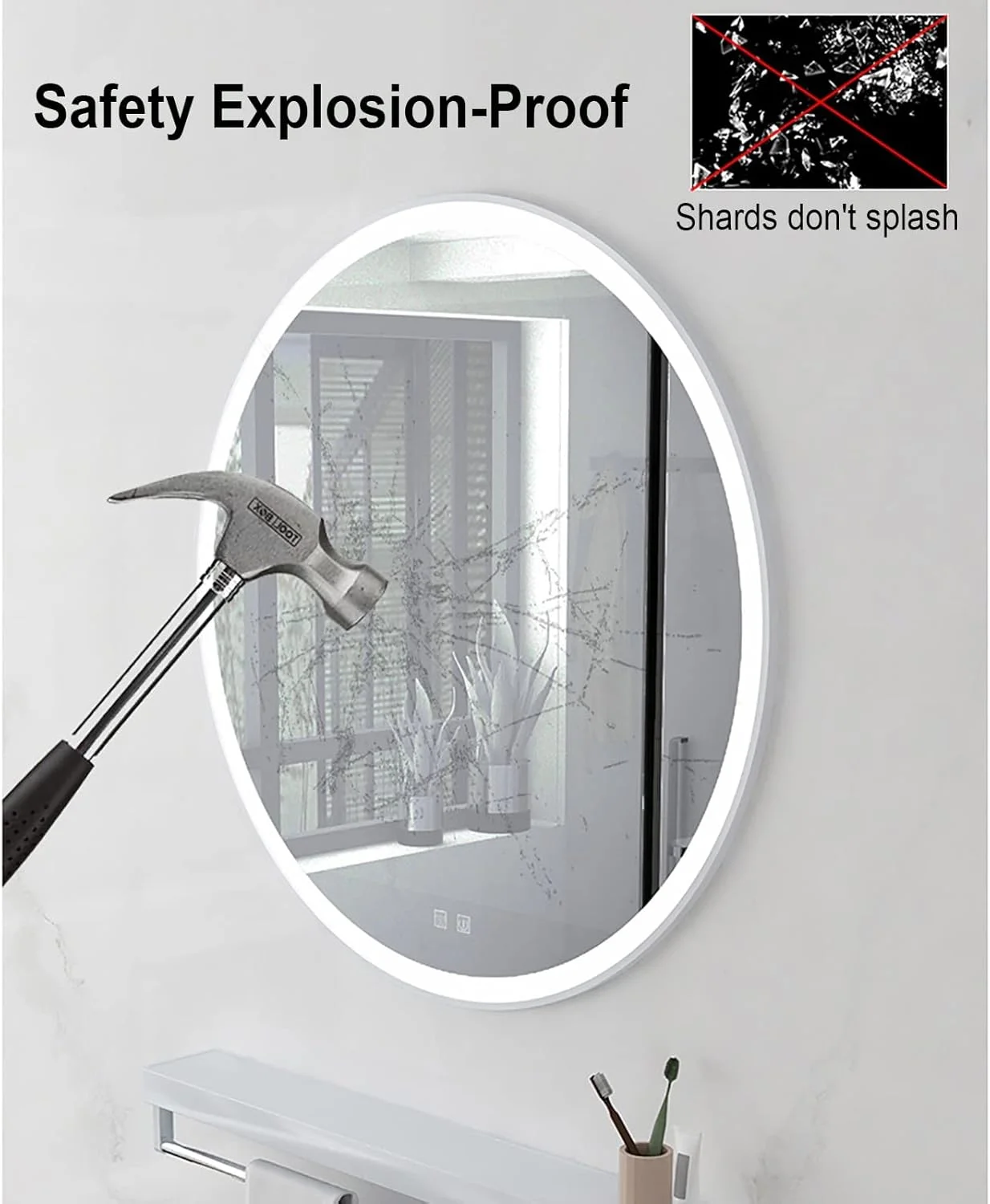 آینه گرد حمام با چراغ، حسگر لمسی، نور ال ای دی سفید سرد، آینه دیواری روشن با قاب آلیاژ آلومینیوم و قفسه، ضد گرد و غبار و ضد آب IP44 (قاب سفید + ضد بخار) دو برابر