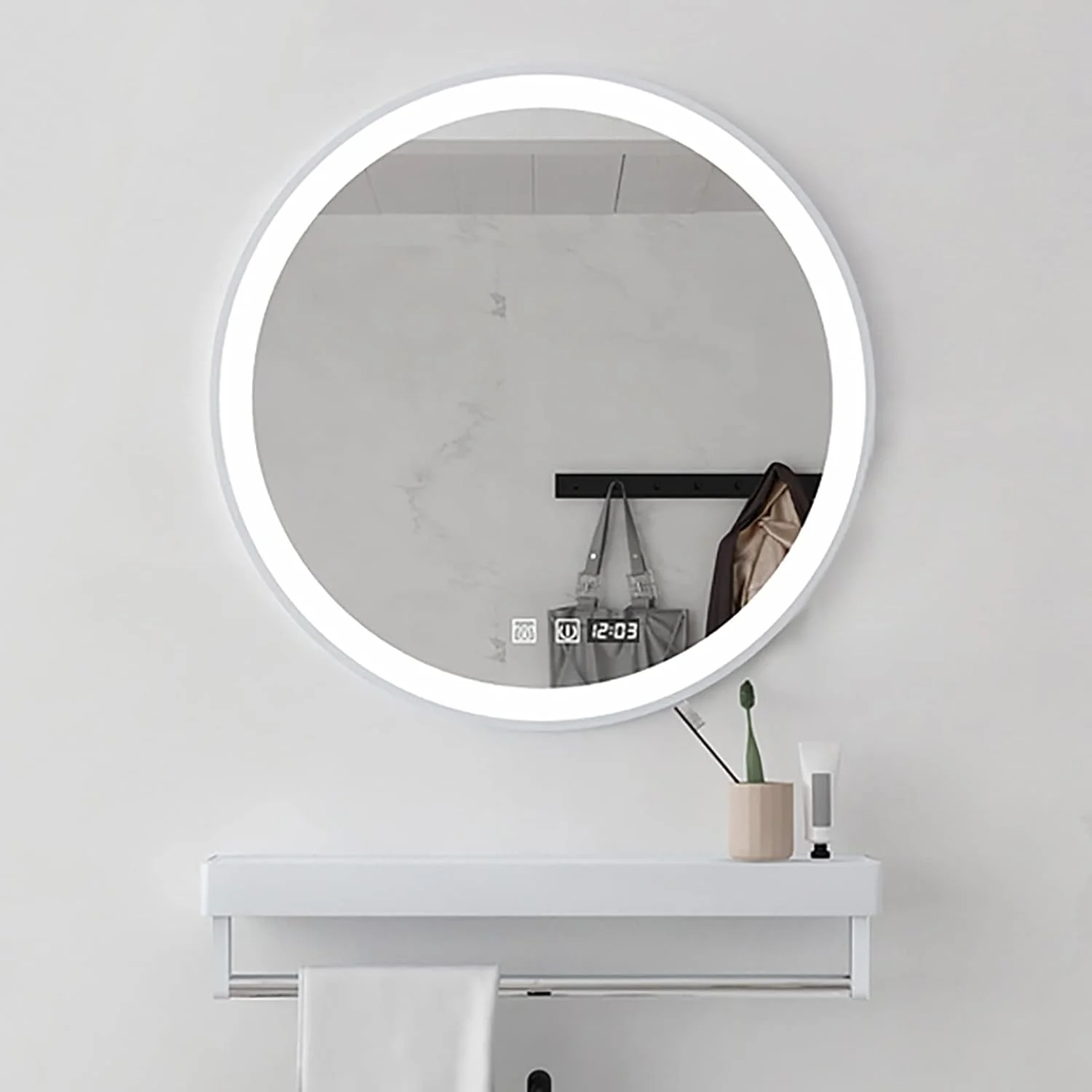 آینه گرد حمام با چراغ، حسگر لمسی، نور ال ای دی سفید سرد، آینه دیواری نورانی با قاب آلیاژ آلومینیوم و قفسه، ضد گرد و غبار و ضد آب IP44 (قاب سفید + ضد مه + زمان) دوبل آینه گرد حمام با چراغ، حسگر لمسی، نور ال ای دی سفید سرد، آینه دیواری نورانی با قاب آلیاژ آلومینیوم و قفسه، ضد گرد و غبار و ضد آب IP44 (قاب سفید + ضد مه + زمان) دوبل