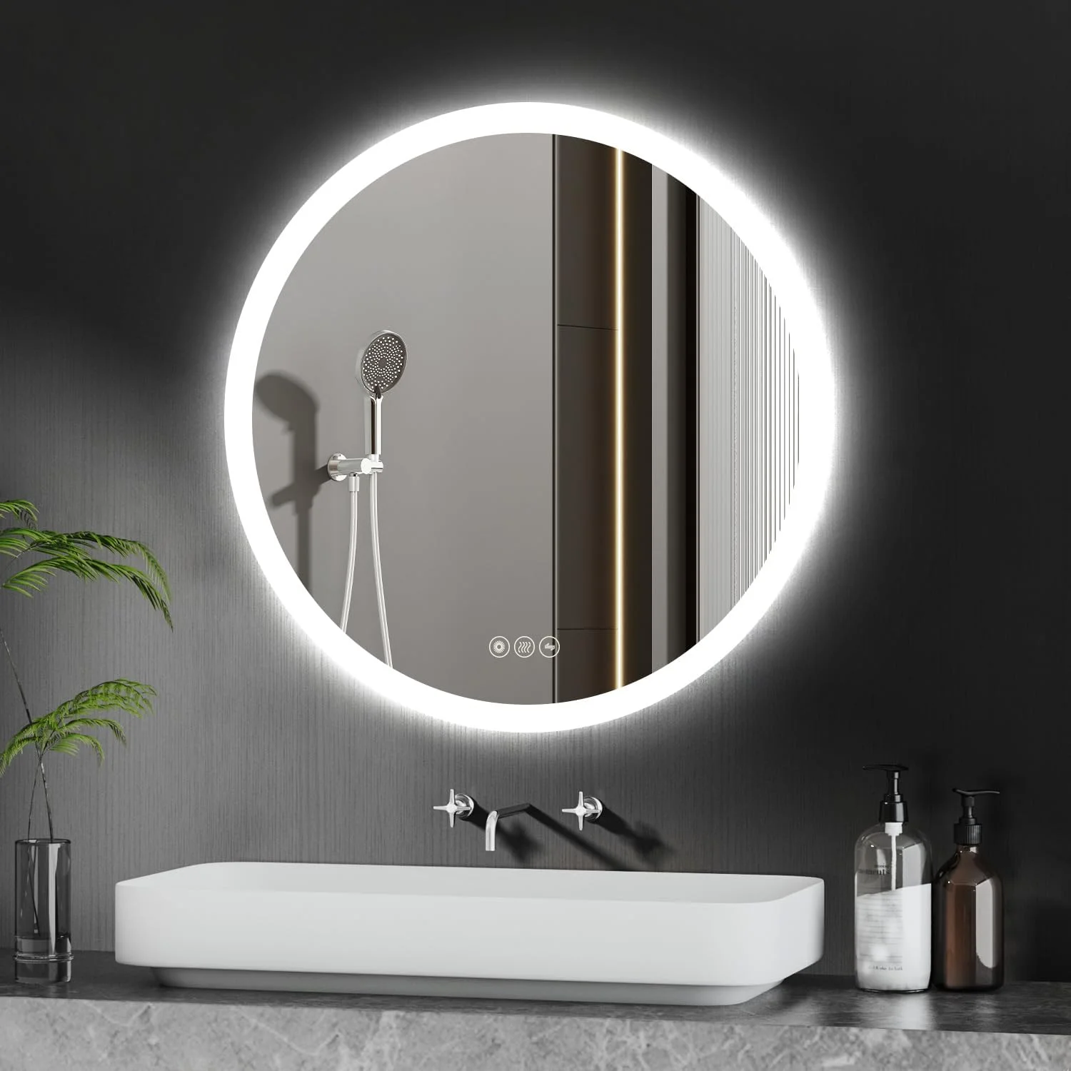 آینه حمام 70 سانتیمتری با چراغهای LED سهرنگ قابل تنظیم، روشنایی کمنور شونده و طراحی ضد بخار، مناسب برای روشویی و حمام آینه حمام 70 سانتیمتری با چراغهای LED سهرنگ قابل تنظیم، روشنایی کمنور شونده و طراحی ضد بخار، مناسب برای روشویی و حمام