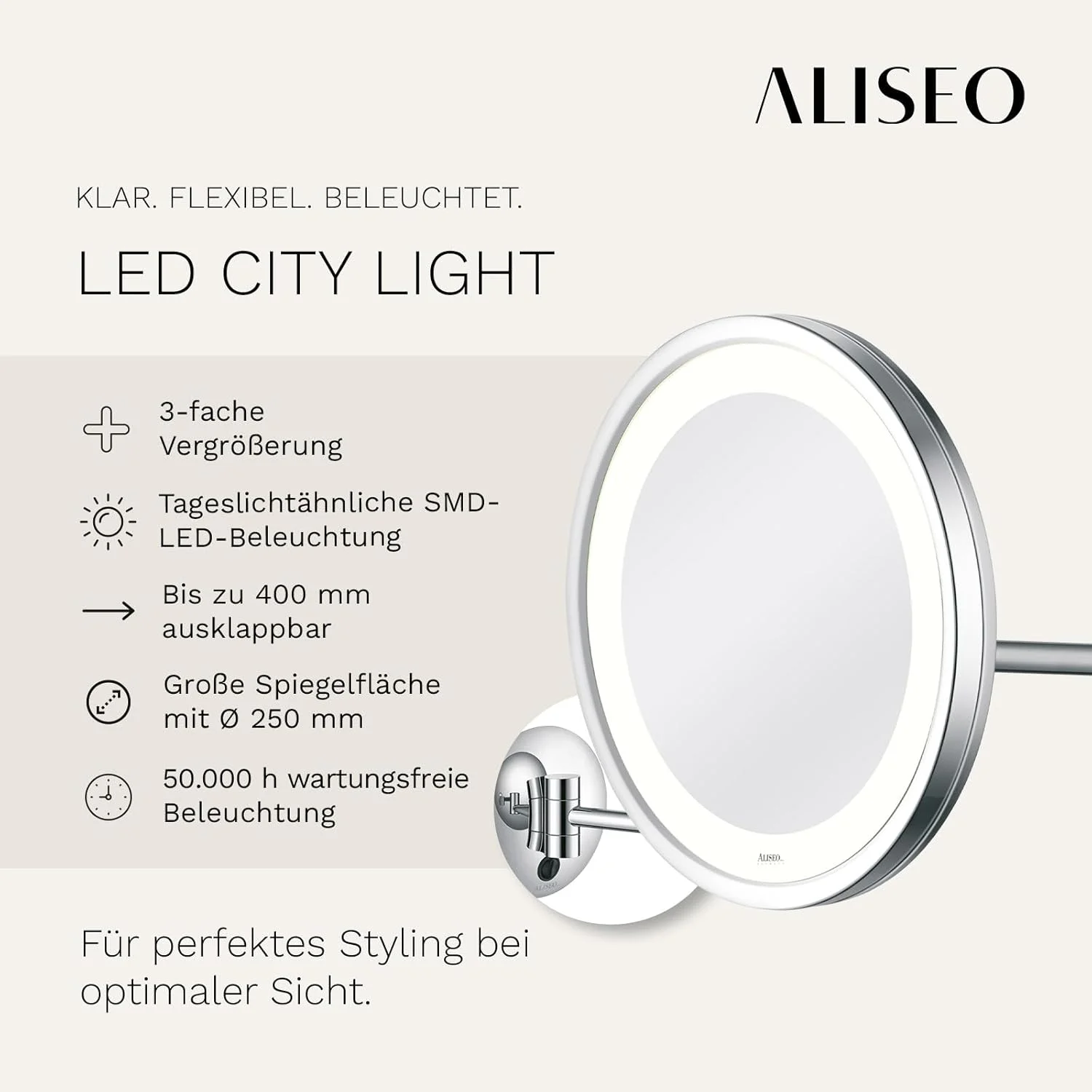 آینه آرایشی چراغ دار ALISEO مدل City Light با بازوی چرخشی دوبل - نور SMD LED بدون نیاز به تعمیر و نگهداری - نصب دیواری، گرد، قطر 250 میلی متر، کروم آینه آرایشی چراغ دار ALISEO مدل City Light با بازوی چرخشی دوبل - نور SMD LED بدون نیاز به تعمیر و نگهداری - نصب دیواری، گرد، قطر 250 میلی متر، کروم