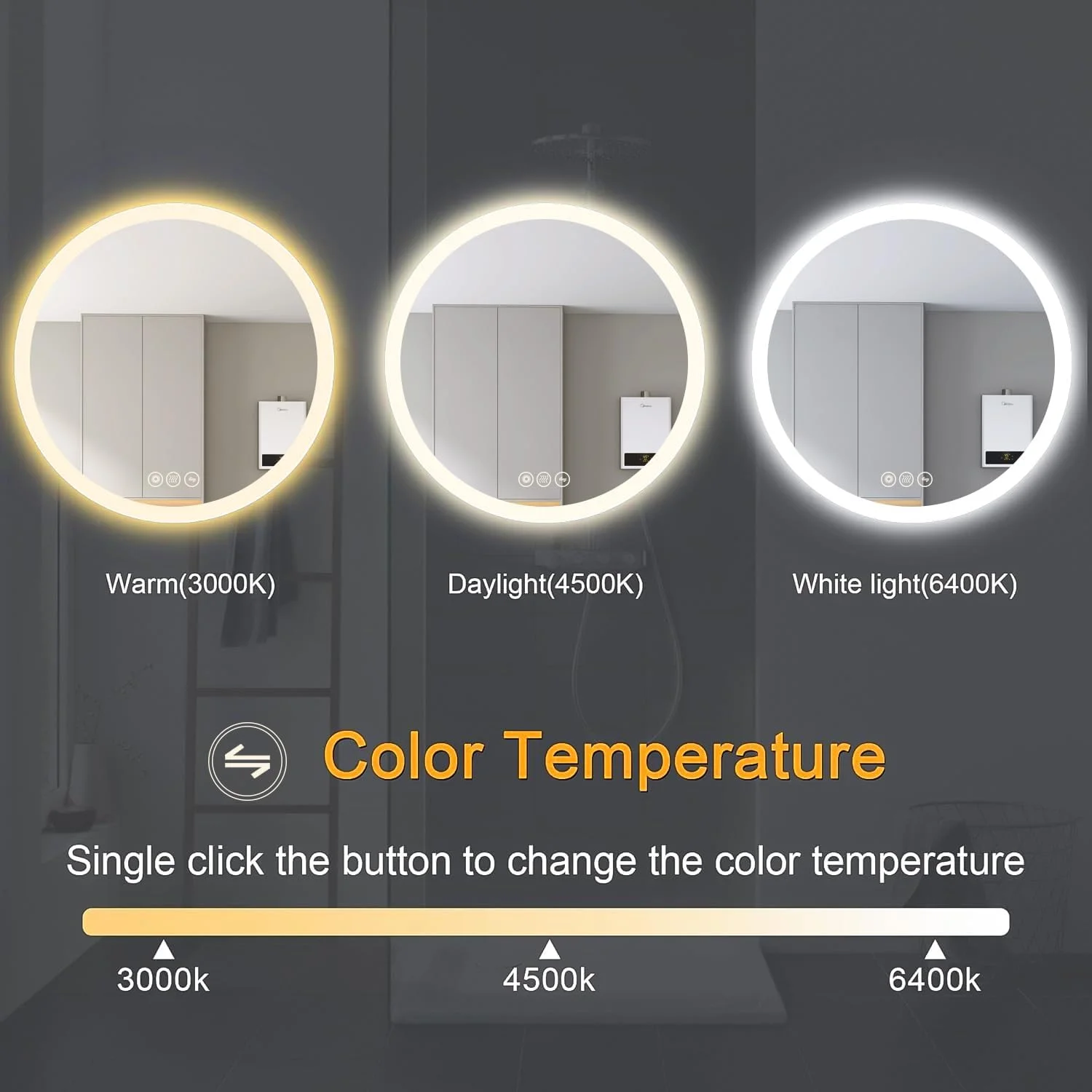 آینه حمام 70 سانتیمتری با چراغهای LED سهرنگ قابل تنظیم، روشنایی کمنور شونده و طراحی ضد بخار، مناسب برای روشویی و حمام آینه حمام 70 سانتیمتری با چراغهای LED سهرنگ قابل تنظیم، روشنایی کمنور شونده و طراحی ضد بخار، مناسب برای روشویی و حمام