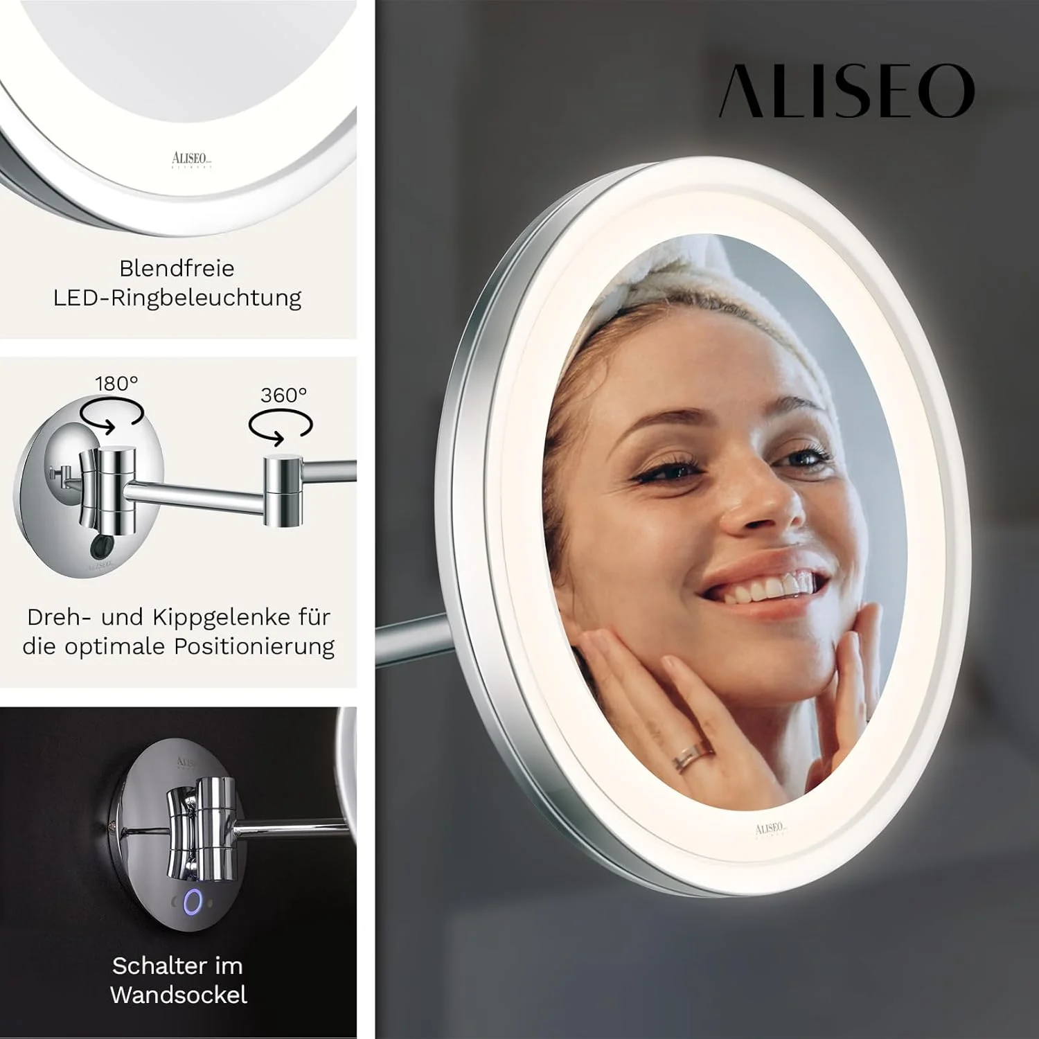 آینه چراغ دار ALISEO City Light - آینه روی بازوی گردان دوتایی - نور SMD LED بدون نیاز به تعمیر و نگهداری - نصب دیواری، گرد، قطر 250 میلی متر، کروم آینه چراغ دار ALISEO City Light - آینه روی بازوی گردان دوتایی - نور SMD LED بدون نیاز به تعمیر و نگهداری - نصب دیواری، گرد، قطر 250 میلی متر، کروم