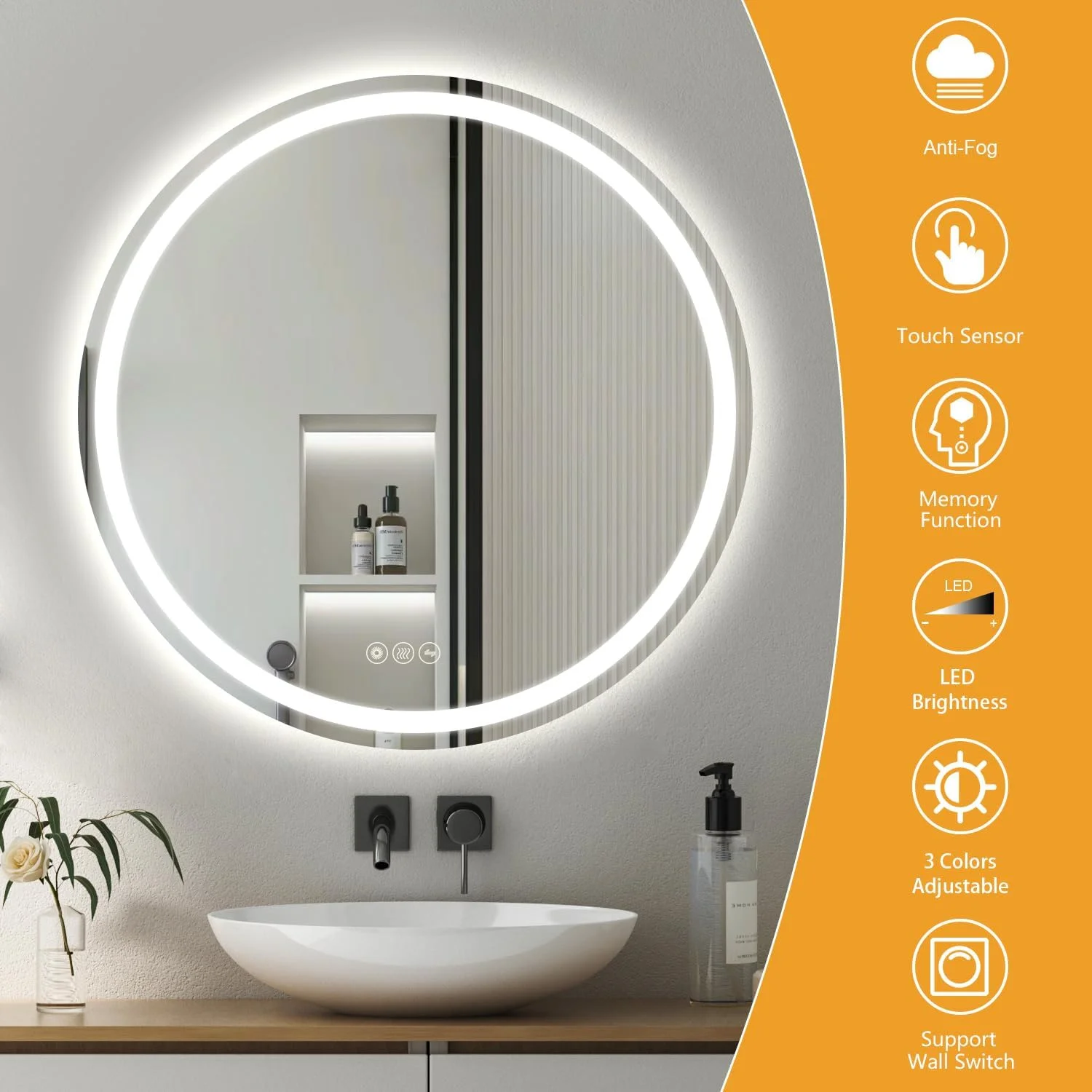 آینه گرد 700 میلیمتری حمام با نور LED، آینه روشویی دیواری با دیمر، LED سه رنگ قابل تنظیم، بخاری ضد بخار، دارای استاندارد ضدآب IP44. آینه گرد 700 میلیمتری حمام با نور LED، آینه روشویی دیواری با دیمر، LED سه رنگ قابل تنظیم، بخاری ضد بخار، دارای استاندارد ضدآب IP44.