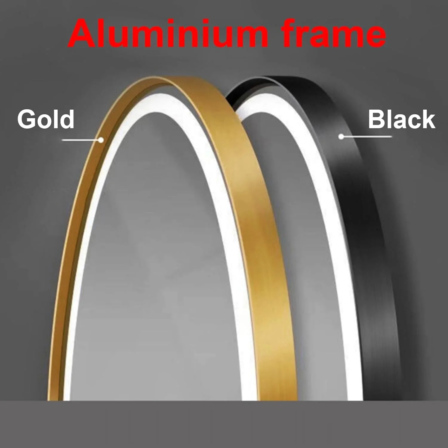 آینه آرایشی آویز دیواری با بند چرمی، مشکی، طلایی، قاب آلیاژ آلومینیوم، آینه گرد ال ای دی حمام، با قابلیت تنظیم نور در 3 دمای رنگ، عملکرد حافظه