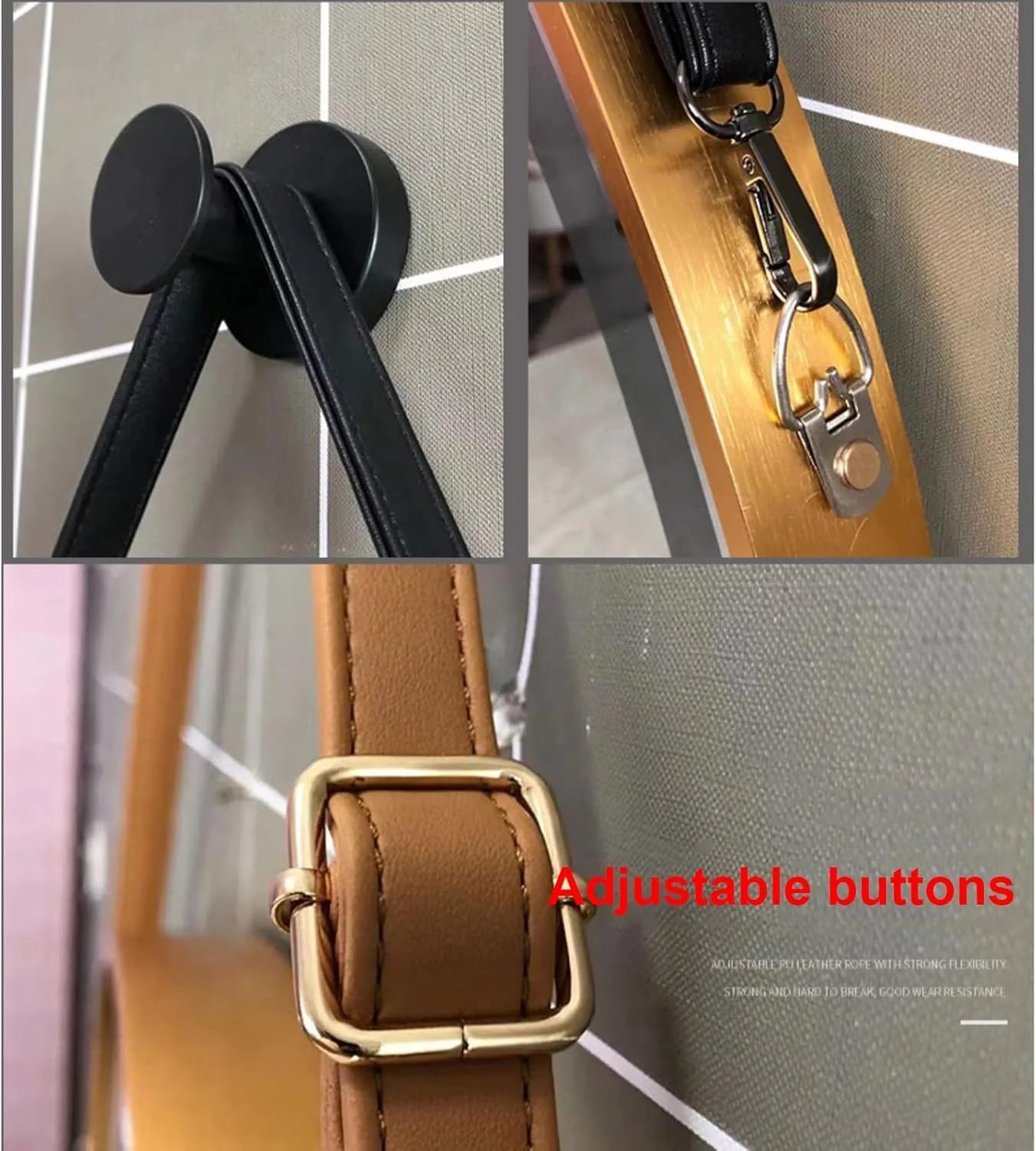 آینه آرایشی آویز دیواری با بند چرمی، مشکی، طلایی، قاب آلیاژ آلومینیوم، آینه گرد ال ای دی حمام، با قابلیت تنظیم نور در 3 دمای رنگ، عملکرد حافظه