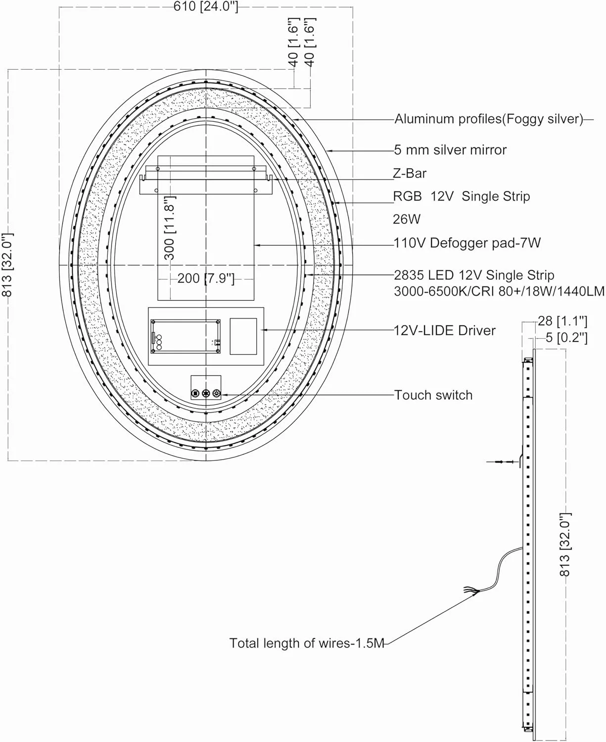 آینه دیواری بیضی شکل ال ای دی ضد بخار مناسب روشویی حمام، ۲۴ اینچ عرض در ۳۲ اینچ ارتفاع، مدل AKDY ABM01O آینه دیواری بیضی شکل ال ای دی ضد بخار مناسب روشویی حمام، ۲۴ اینچ عرض در ۳۲ اینچ ارتفاع، مدل AKDY ABM01O