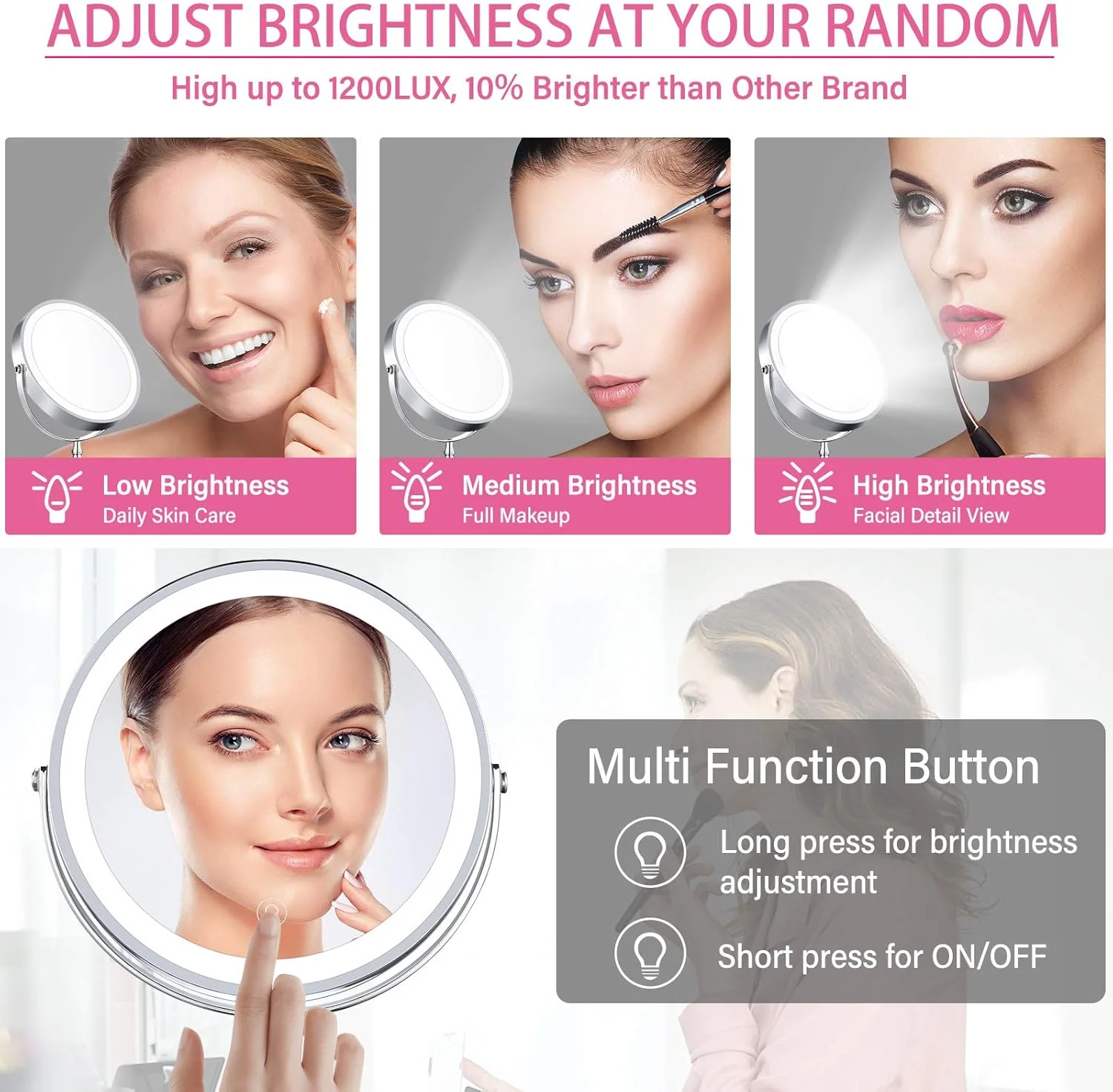 آینه آرایشی شارژی 8 اینچی با نور، آینه رومیزی بزرگنمایی 10 برابر با 3 رنگ نور LED، آینه آرایشی دو طرفه با باتری، دکمه لمسی تنظیم روشنایی