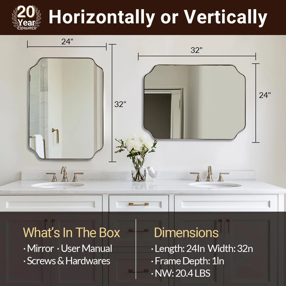 آینه دکوراتیو لبه دار ANDY STAR، مناسب سرویس بهداشتی، 60x80 سانتی متر، قاب استیل ضد زنگ نیکل برس خورده