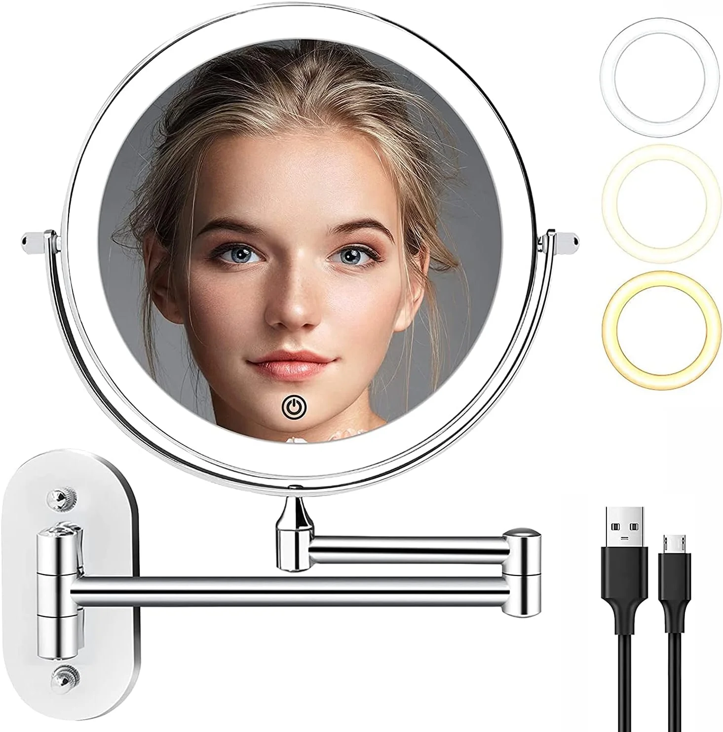 آینه آرایشی دیواری LED شارژی Angju، آینه 8 اینچی با قابلیت بزرگنمایی 1X/10X، دارای 3 رنگ نور، چرخش 360 درجه و قابلیت افزایش طول آینه آرایشی دیواری LED شارژی Angju، آینه 8 اینچی با قابلیت بزرگنمایی 1X/10X، دارای 3 رنگ نور، چرخش 360 درجه و قابلیت افزایش طول