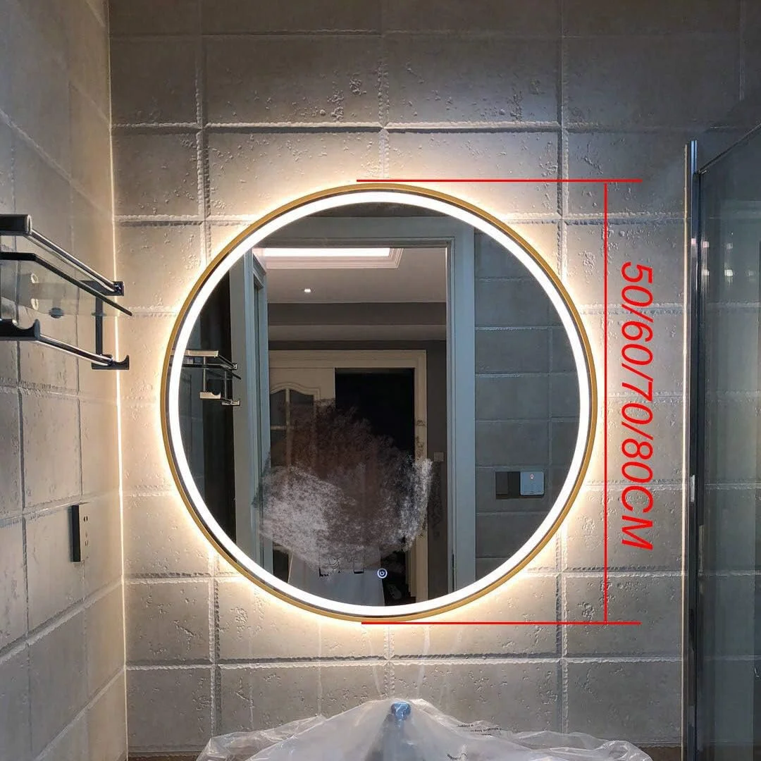 آینه دیواری گرد LED با نور پس زمینه، قاب آلومینیومی طلایی یا مشکی، آینه حمام LED روشن با حسگر لمسی، ایمنی IP54 ضد آب، طلایی-70 سانتی متر/28 اینچ آینه دیواری گرد LED با نور پس زمینه، قاب آلومینیومی طلایی یا مشکی، آینه حمام LED روشن با حسگر لمسی، ایمنی IP54 ضد آب، طلایی-70 سانتی متر/28 اینچ