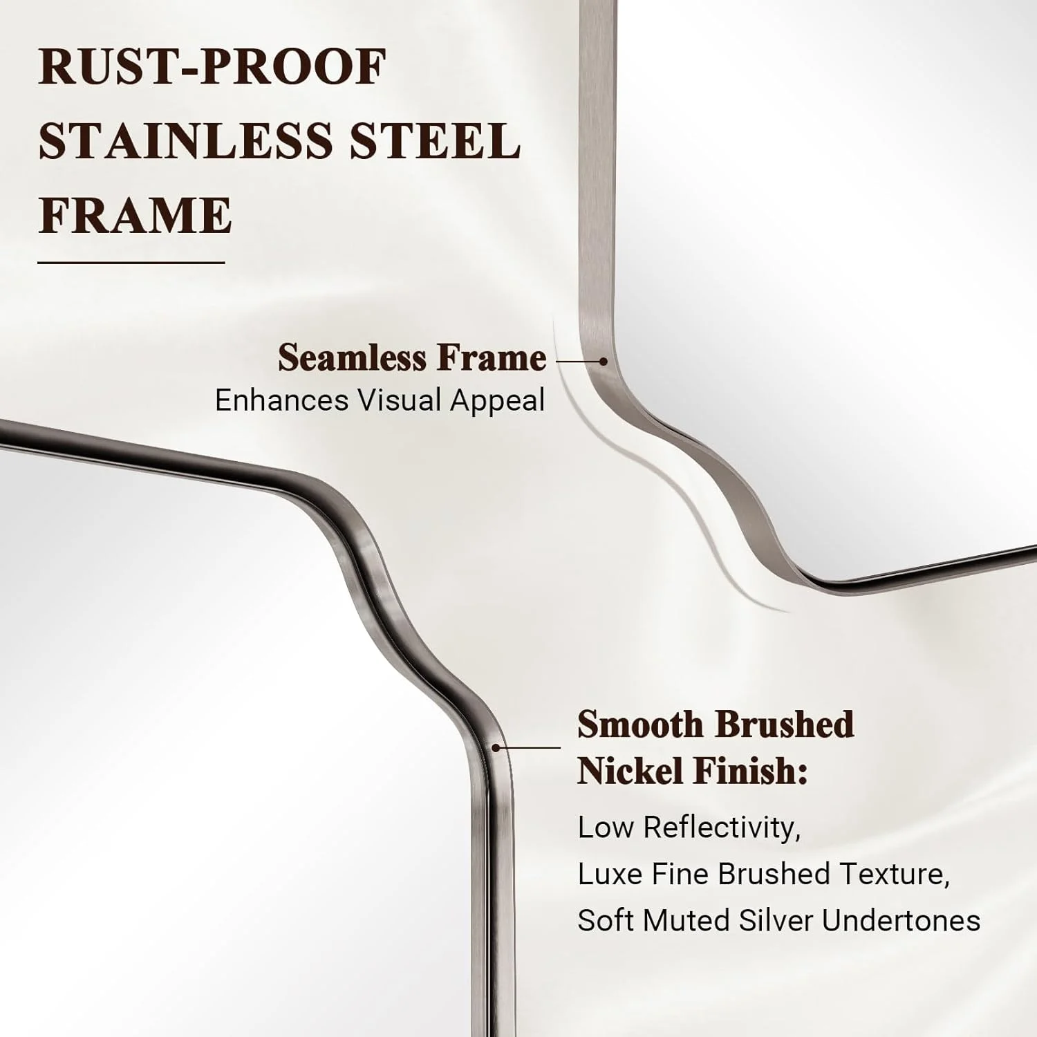 آینه دکوراتیو لبه دار ANDY STAR، مناسب سرویس بهداشتی، 60x80 سانتی متر، قاب استیل ضد زنگ نیکل برس خورده