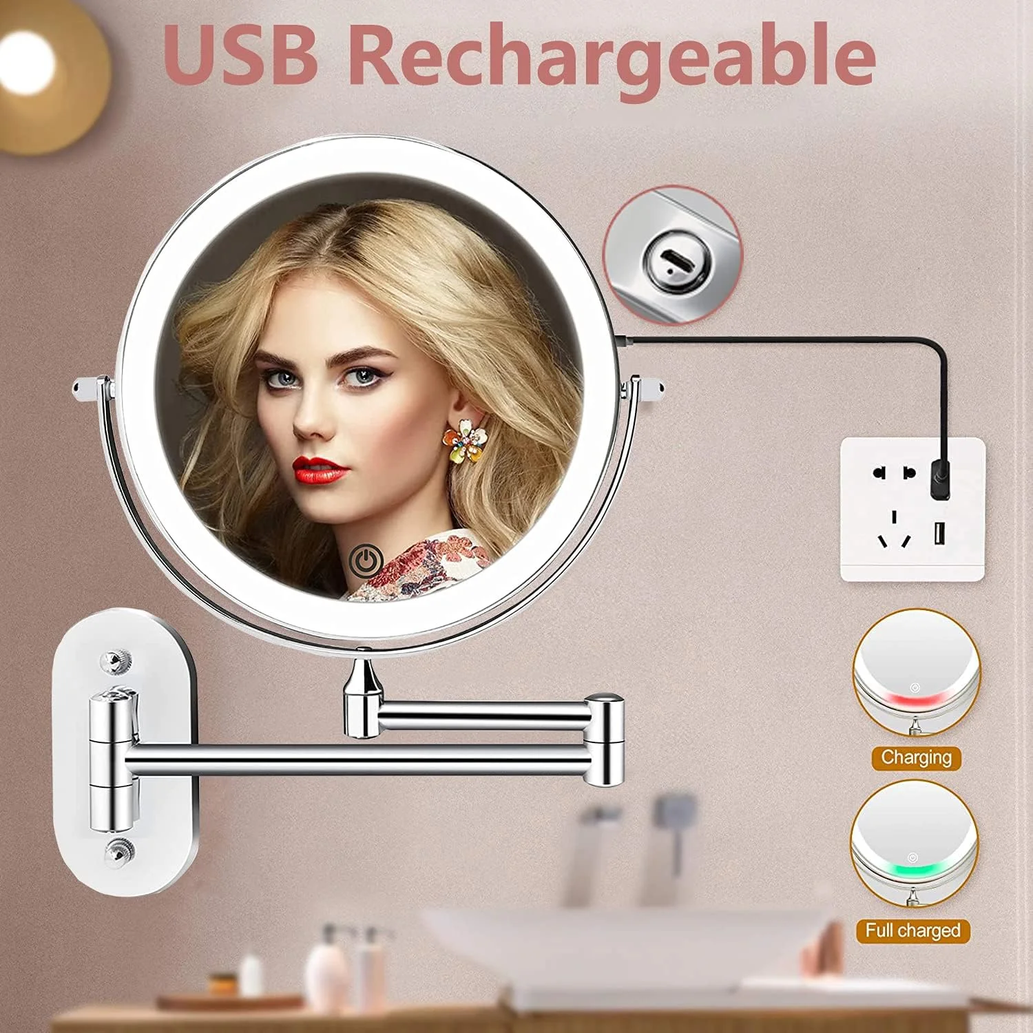 آینه آرایشی دیواری LED شارژی Angju، آینه 8 اینچی با قابلیت بزرگنمایی 1X/10X، دارای 3 رنگ نور، چرخش 360 درجه و قابلیت افزایش طول آینه آرایشی دیواری LED شارژی Angju، آینه 8 اینچی با قابلیت بزرگنمایی 1X/10X، دارای 3 رنگ نور، چرخش 360 درجه و قابلیت افزایش طول