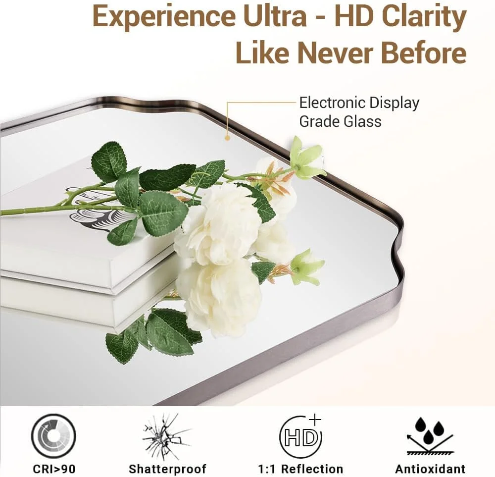 آینه دکوراتیو لبه دار ANDY STAR، مناسب سرویس بهداشتی، 60x80 سانتی متر، قاب استیل ضد زنگ نیکل برس خورده