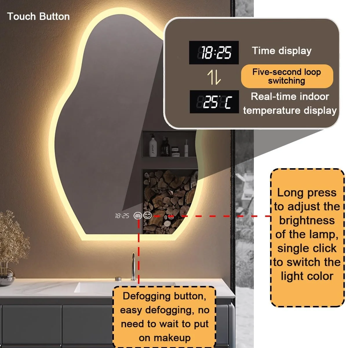 آینه روشویی ضد بخار دیواری حمام با نور LED سه رنگ قابل تنظیم، آینه هوشمند با دکمه لمسی و تنظیم نور پیوسته، آینه ضد انفجار برای دکوراسیون منزل (60x80 سانتی متر) آینه روشویی ضد بخار دیواری حمام با نور LED سه رنگ قابل تنظیم، آینه هوشمند با دکمه لمسی و تنظیم نور پیوسته، آینه ضد انفجار برای دکوراسیون منزل (60x80 سانتی متر)