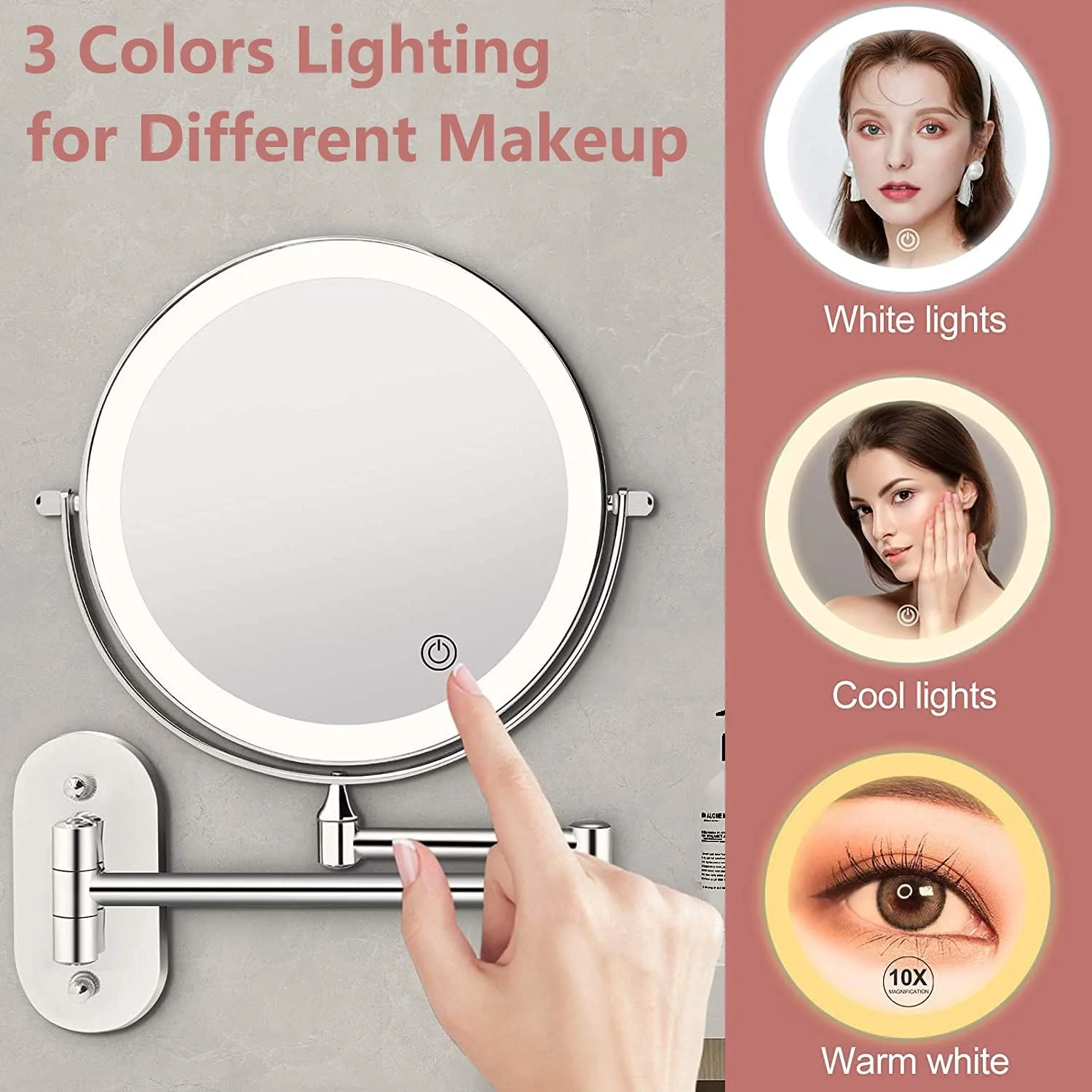 آینه آرایشی دیواری LED شارژی Angju، آینه 8 اینچی با قابلیت بزرگنمایی 1X/10X، دارای 3 رنگ نور، چرخش 360 درجه و قابلیت افزایش طول آینه آرایشی دیواری LED شارژی Angju، آینه 8 اینچی با قابلیت بزرگنمایی 1X/10X، دارای 3 رنگ نور، چرخش 360 درجه و قابلیت افزایش طول
