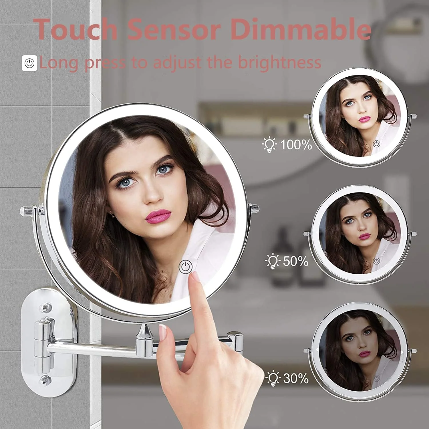 آینه آرایشی دیواری LED شارژی Angju، آینه 8 اینچی با قابلیت بزرگنمایی 1X/10X، دارای 3 رنگ نور، چرخش 360 درجه و قابلیت افزایش طول آینه آرایشی دیواری LED شارژی Angju، آینه 8 اینچی با قابلیت بزرگنمایی 1X/10X، دارای 3 رنگ نور، چرخش 360 درجه و قابلیت افزایش طول