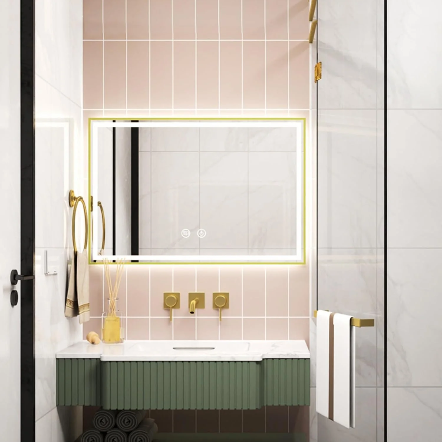 آینه روشویی ضد بخار با نور پس زمینه برای دکور دیوار حمام، افقی/عمودی، 3 رنگ قابل تنظیم، آینه تمام قد ال ای دی (نقره ای-a، 50x70 سانتی متر) (طلایی a، 60x80 سانتی متر) آینه روشویی ضد بخار با نور پس زمینه برای دکور دیوار حمام، افقی/عمودی، 3 رنگ قابل تنظیم، آینه تمام قد ال ای دی (نقره ای-a، 50x70 سانتی متر) (طلایی a، 60x80 سانتی متر)