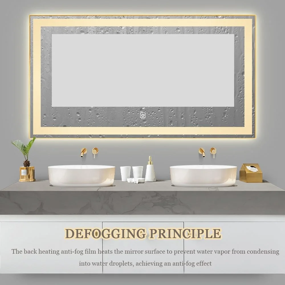 آینه روشویی ضد بخار با نور پس زمینه برای دکور دیوار حمام، افقی/عمودی، 3 رنگ قابل تنظیم، آینه تمام قد ال ای دی (نقره ای-a، 50x70 سانتی متر) (طلایی a، 60x80 سانتی متر)