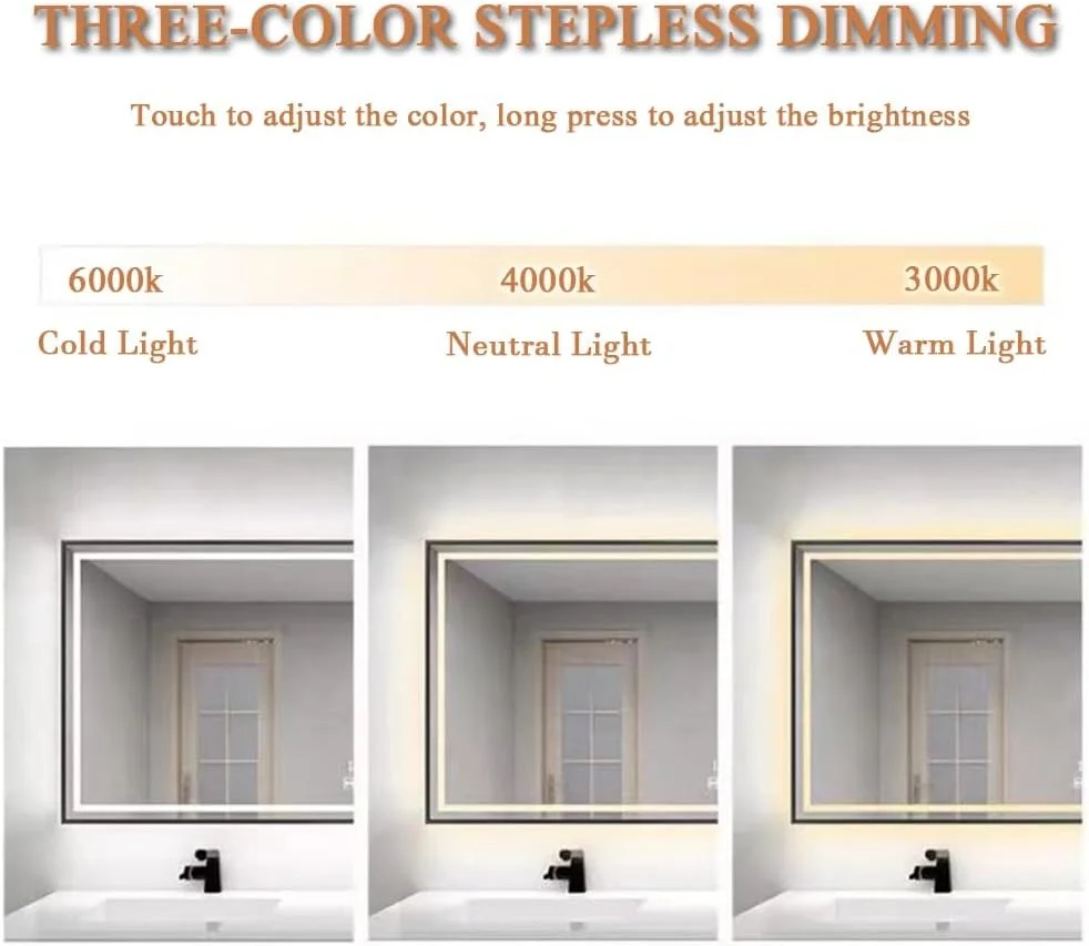 آینه روشویی ضد بخار با نور پس زمینه برای دکور دیوار حمام، افقی/عمودی، 3 رنگ قابل تنظیم، آینه تمام قد ال ای دی (نقره ای-a، 50x70 سانتی متر) (طلایی a، 60x80 سانتی متر)