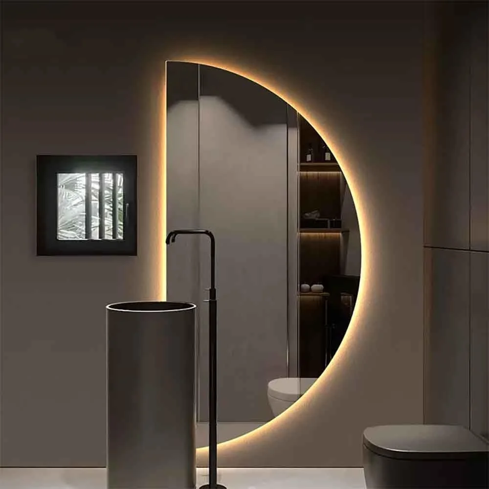 آینه دیواری ضد بخار، آینه حمام با نور سه رنگ و قابلیت تنظیم نور - آینه اتاق خواب نیمه ماه، آینه آرایشی شیشه ای سکوریت، آینه بدون قاب با نور پس زمینه (برش سمت چپ 99cm طول x 51cm عرض)
