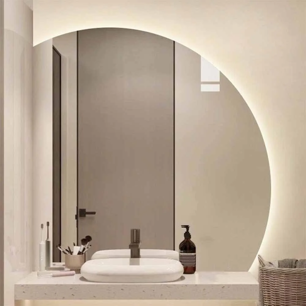 آینه حمام ضد بخار با نور ال ای دی - آینه دیواری نیمه ماه 36 اینچی برای ورودی، نور پس زمینه تزئینی (نور گرم 28 اینچ _برش زیرین سمت چپ) آینه حمام ضد بخار با نور ال ای دی - آینه دیواری نیمه ماه 36 اینچی برای ورودی، نور پس زمینه تزئینی (نور گرم 28 اینچ _برش زیرین سمت چپ)