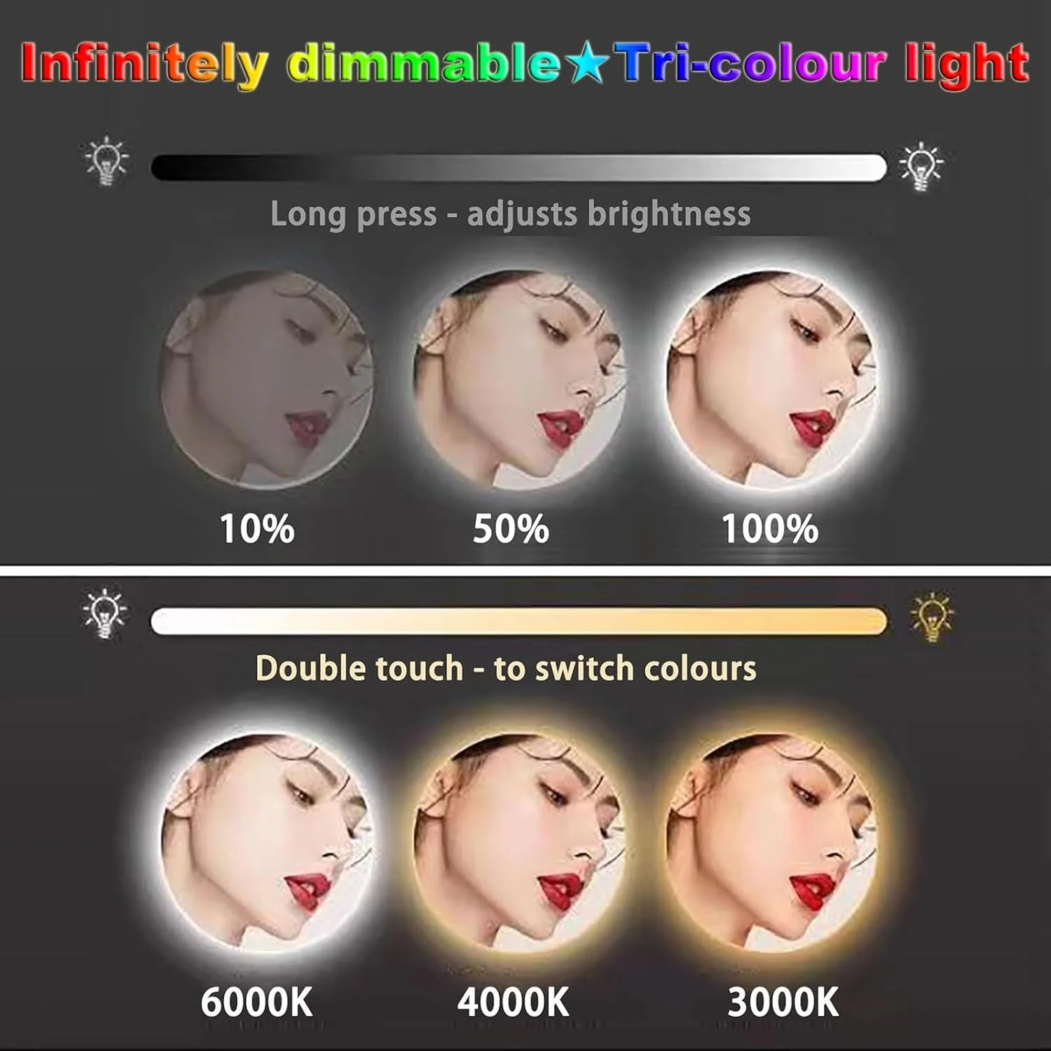 آینه روشویی ضد بخار، آینه دیواری نامنظم بدون قاب با نور LED، آینه حمام نور پس زمینه دار با LED سه رنگ دیمر دار، دکوراتیو ابر نامنظم