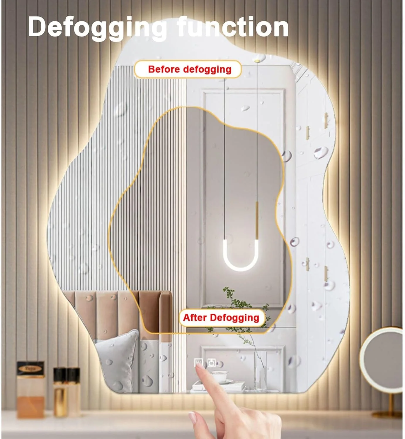 آینه روشویی ضد بخار، آینه دیواری نامنظم بدون قاب با نور LED، آینه حمام نور پس زمینه دار با LED سه رنگ دیمر دار، دکوراتیو ابر نامنظم